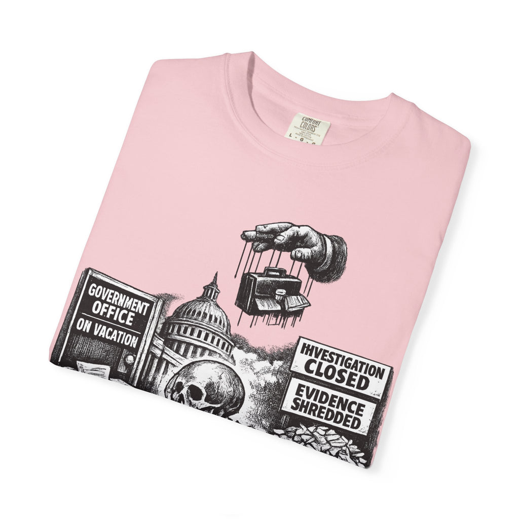Graphic Tee — "Waiting for the Government to End Corruption" Political Skeletal Design
