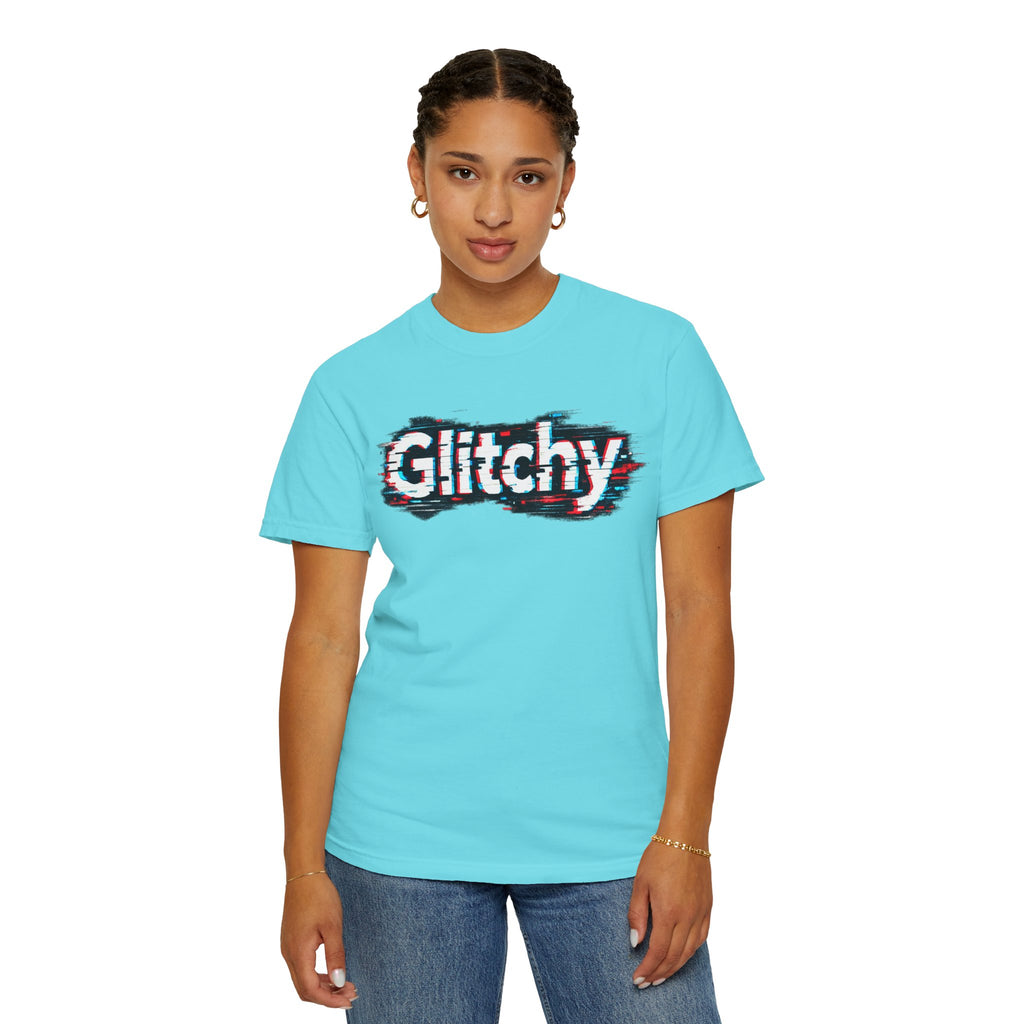 Glitchy Graphic T-Shirt — Retro Glitch Text Tee (Front "GO", Back "Glitchy")