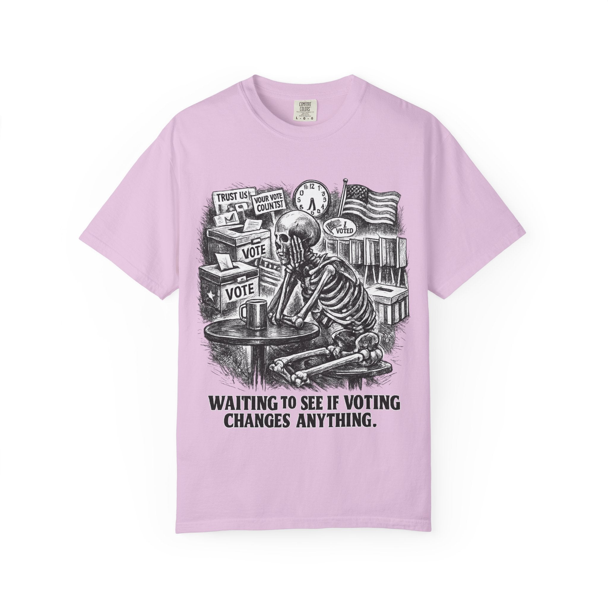 Voting Skeptic Graphic T-Shirt — "Waiting to See If Voting Changes Anything."