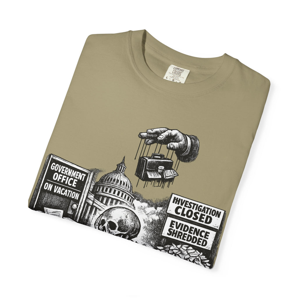 Graphic Tee — "Waiting for the Government to End Corruption" Political Skeletal Design