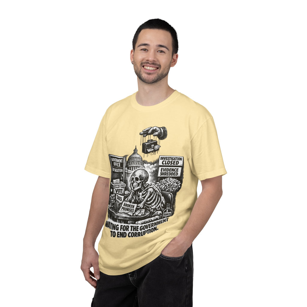 Graphic Tee — "Waiting for the Government to End Corruption" Political Skeletal Design