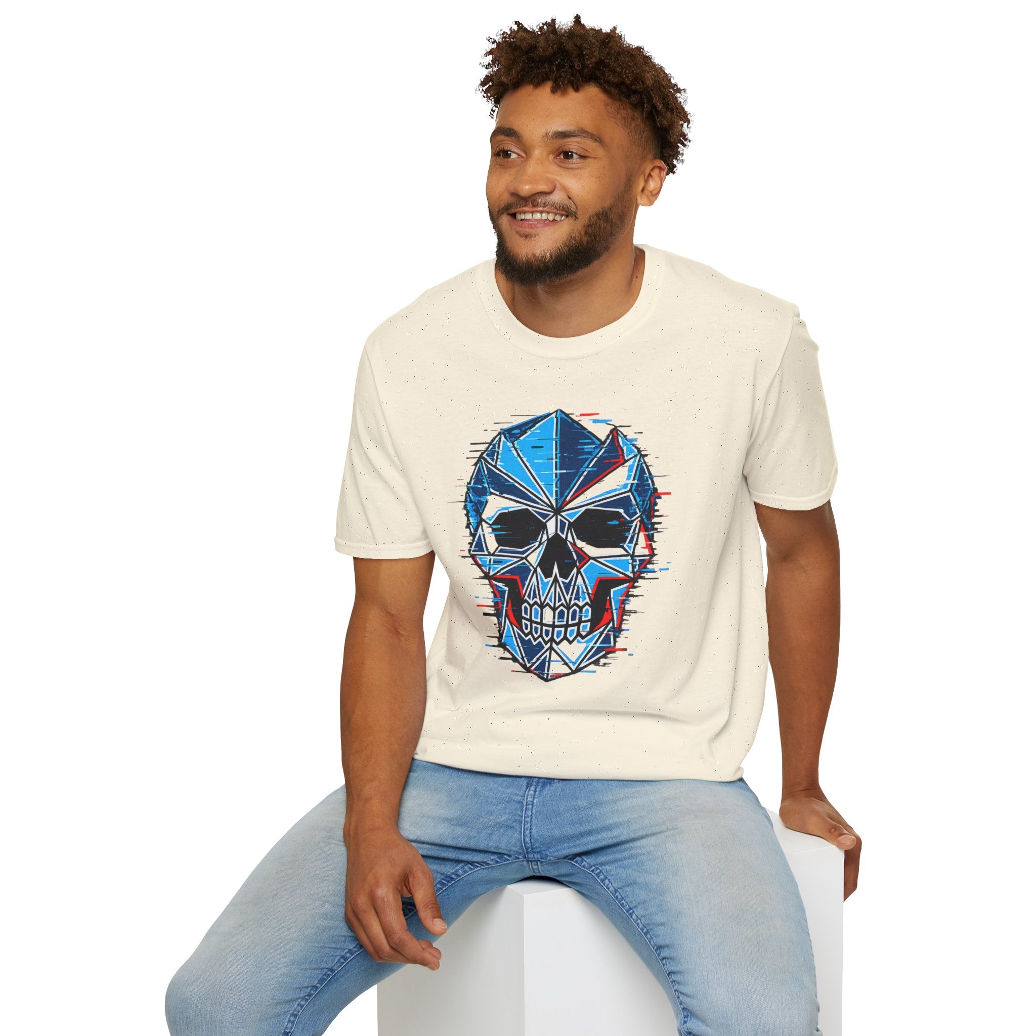 Geometric Blue Glitch Skull T‑Shirt — Edgy Men's & Women's Graphic Tee