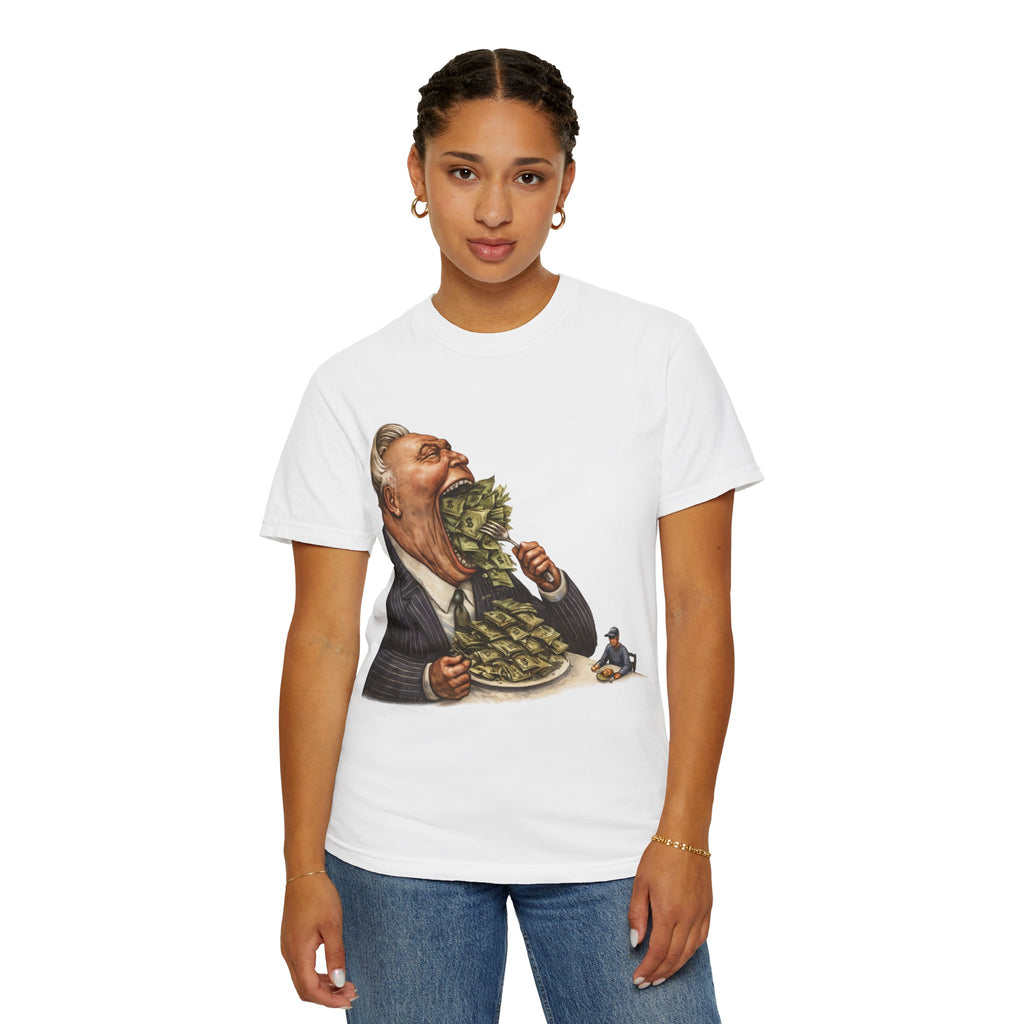 Money Greed Cartoon T-Shirt — Satirical Businessman Eating Cash Tee
