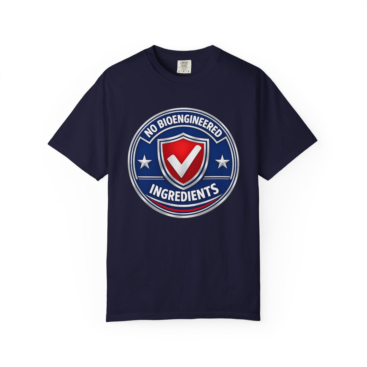 No Bioengineered Ingredients T-Shirt — Retro Shield Organic Food Badge Tee
