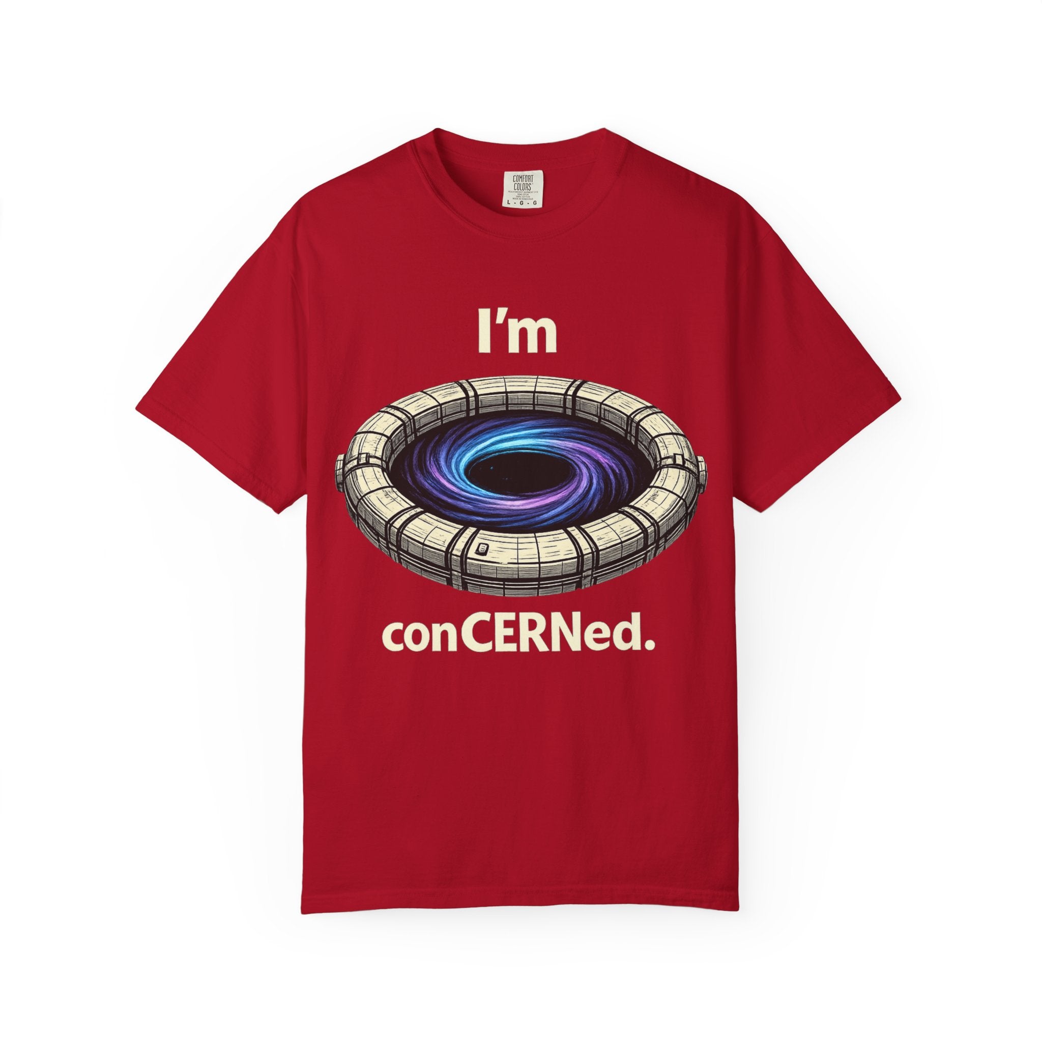 T-Shirt — "I'm conCERNed." Black Hole CERN Physics Science Tee