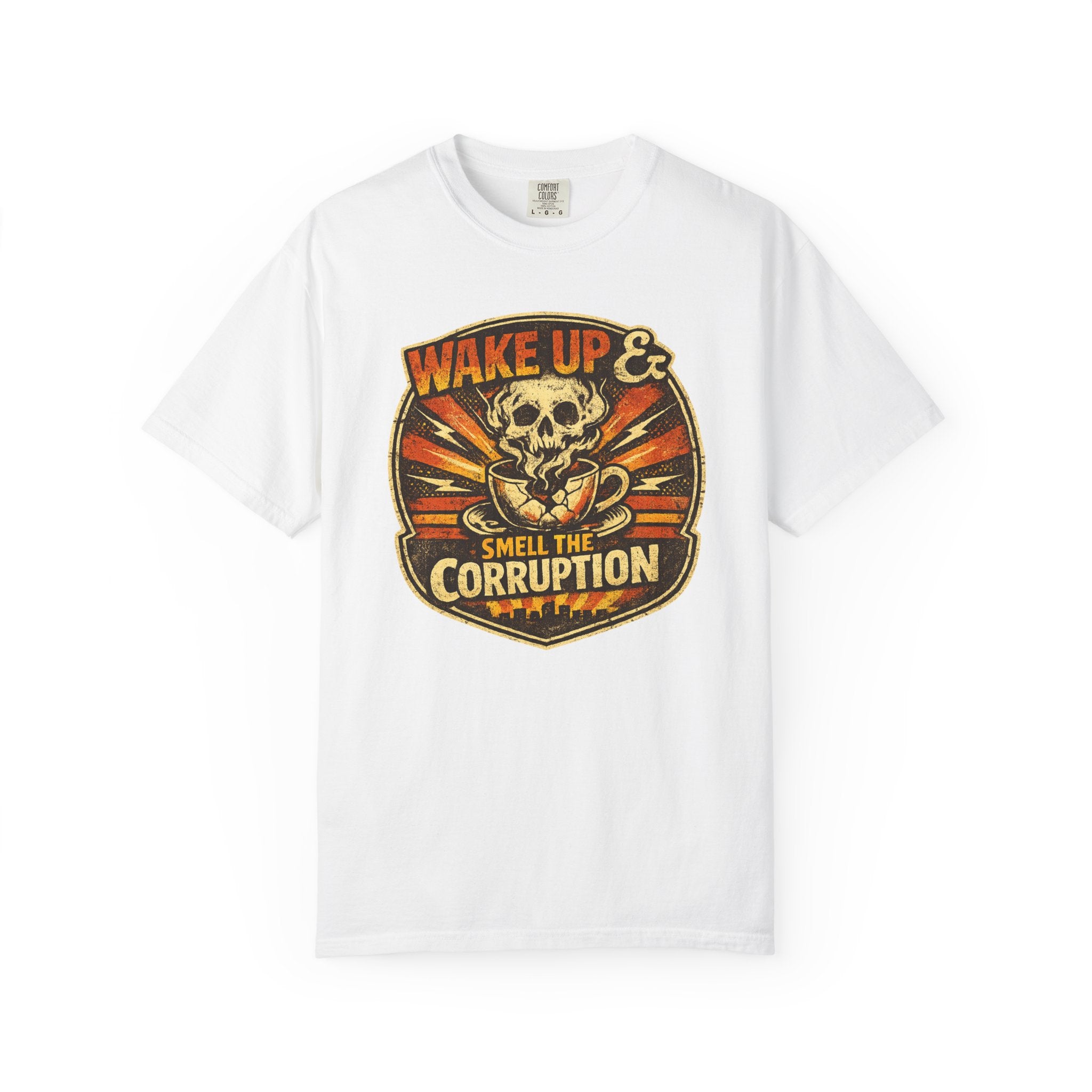 Wake Up & Smell the Corruption T-Shirt — Vintage Skull Protest Graphic Tee
