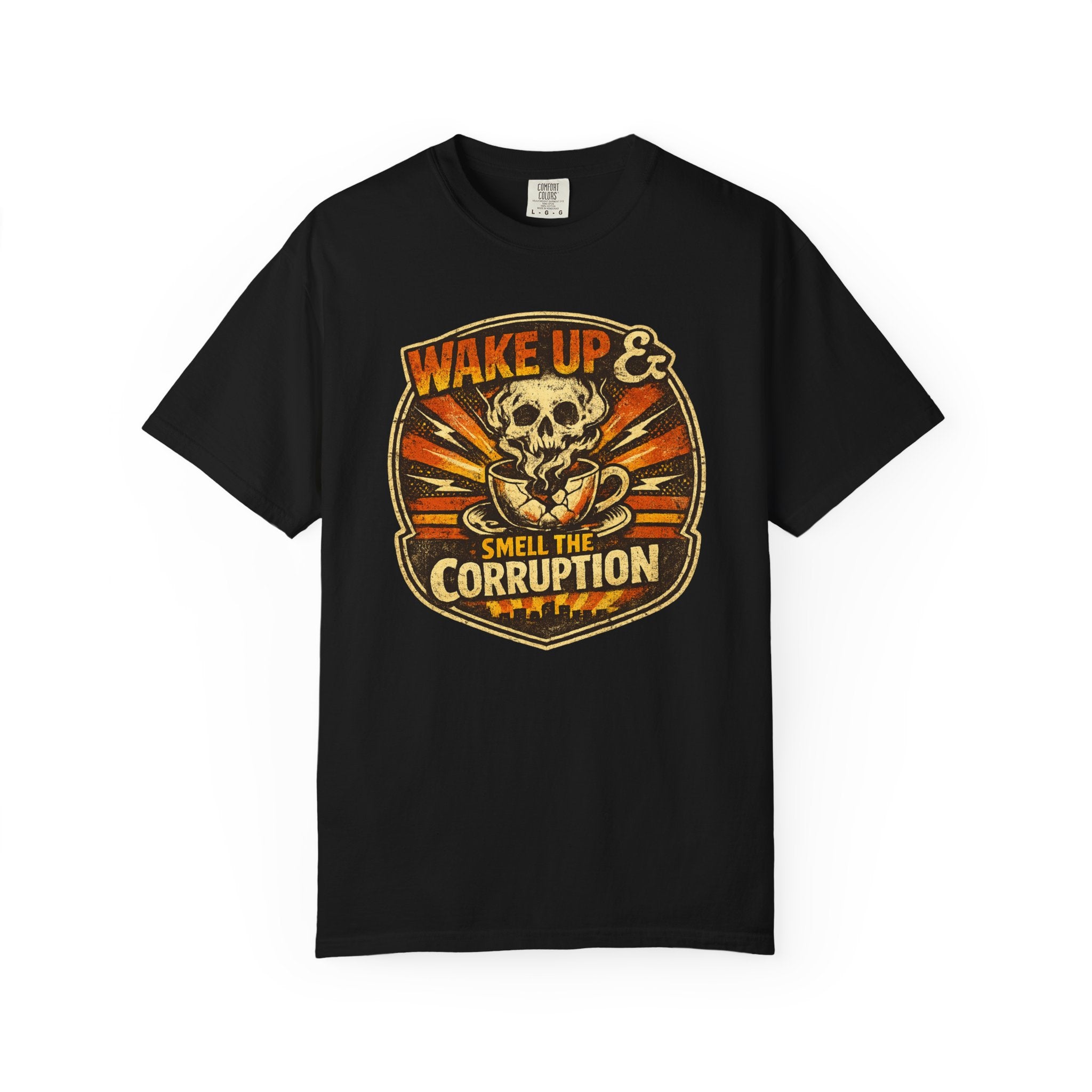 Wake Up & Smell the Corruption T-Shirt — Vintage Skull Protest Graphic Tee