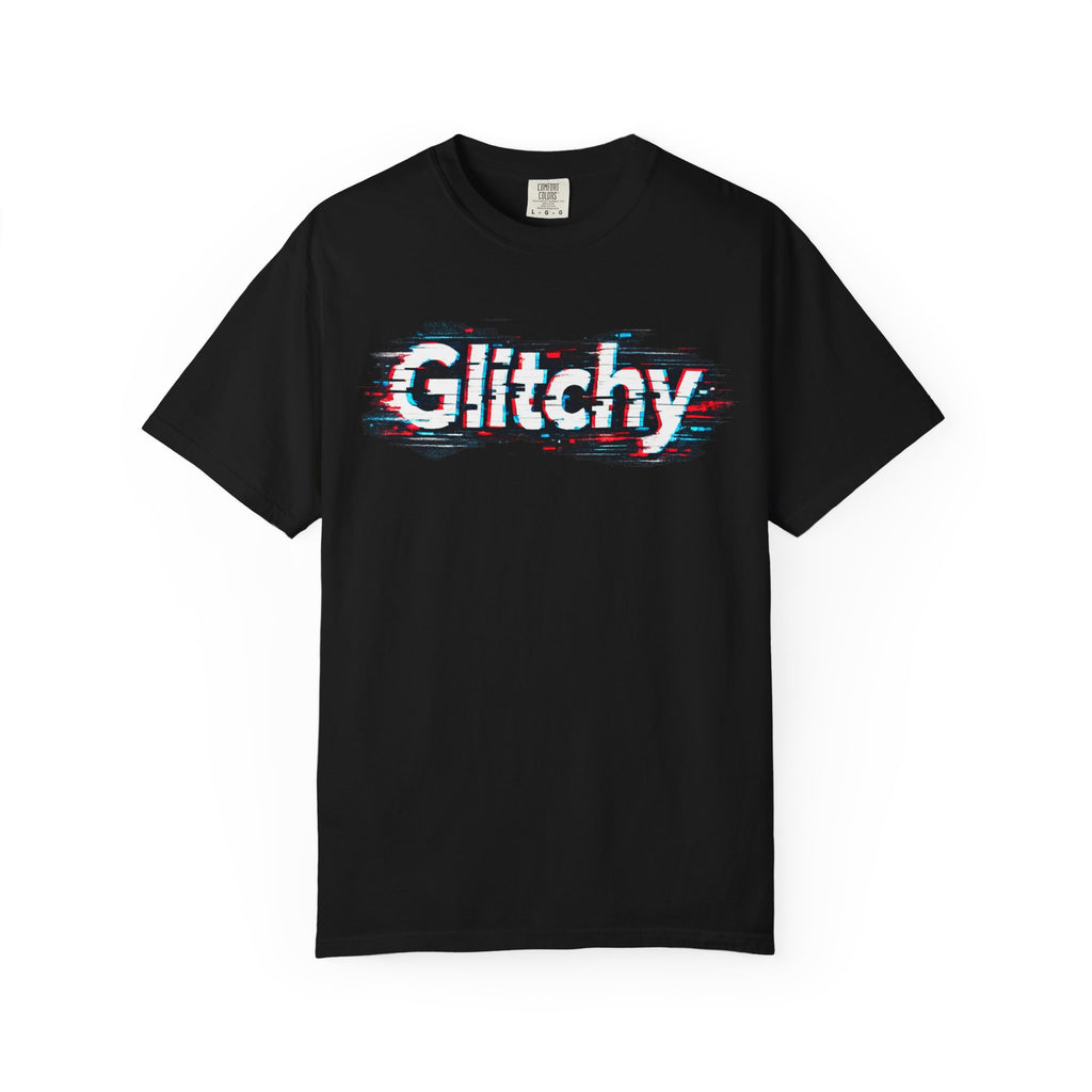 Glitchy Graphic T-Shirt — Retro Glitch Text Tee (Front "GO", Back "Glitchy")