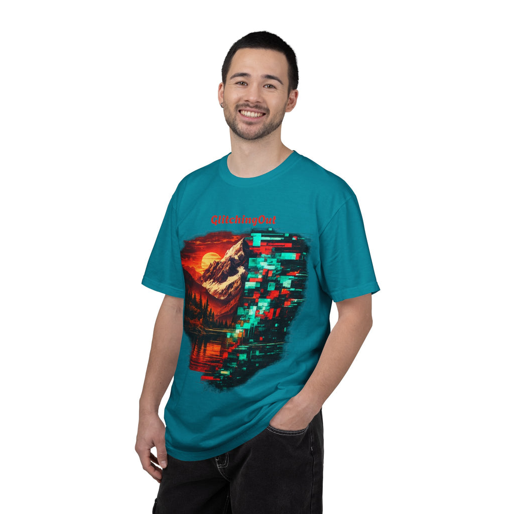Graphic T-Shirt — "Glitching Out" Mountain Sunset Pixel Art