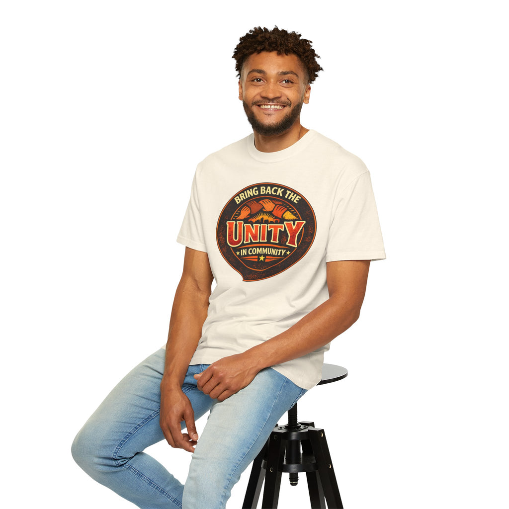 Unity Graphic T-Shirt — "Bring Back the Unity in Community" Vintage Badge Design
