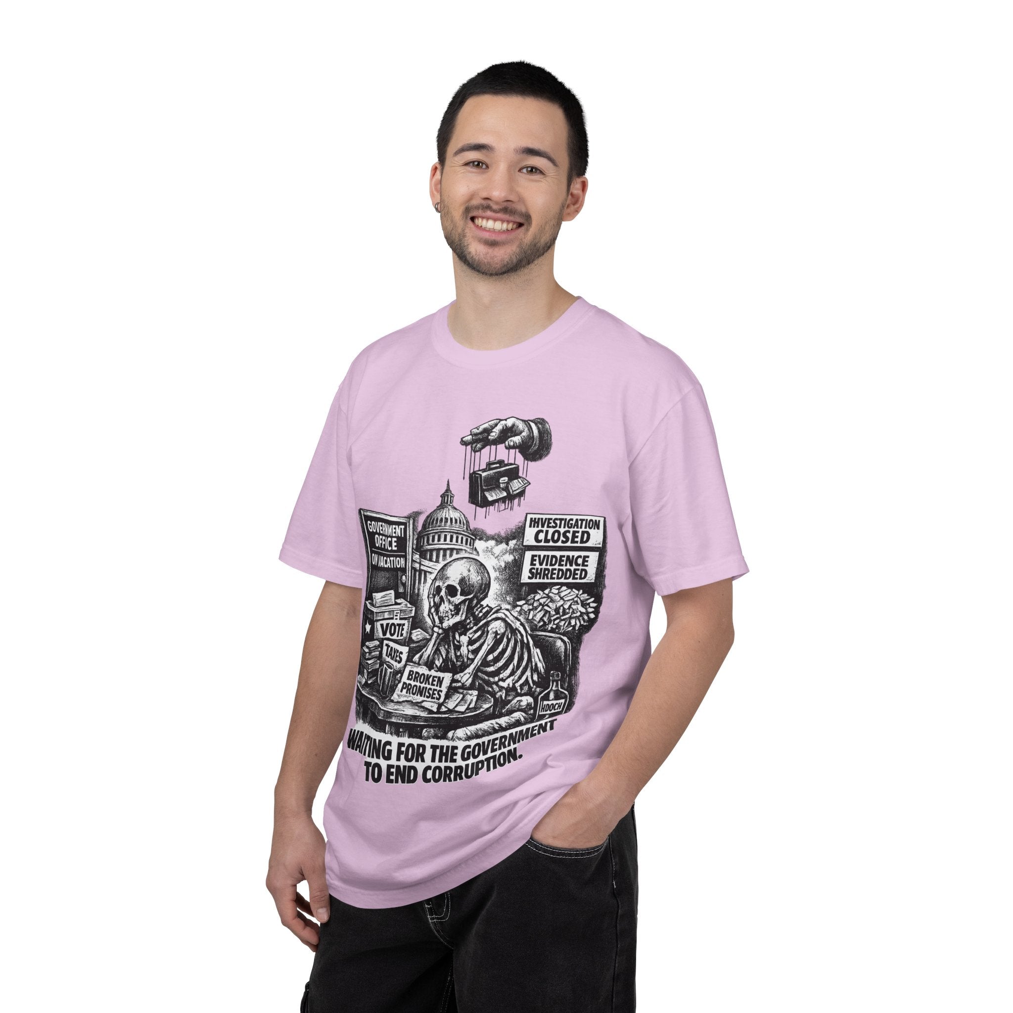 Graphic Tee — "Waiting for the Government to End Corruption" Political Skeletal Design