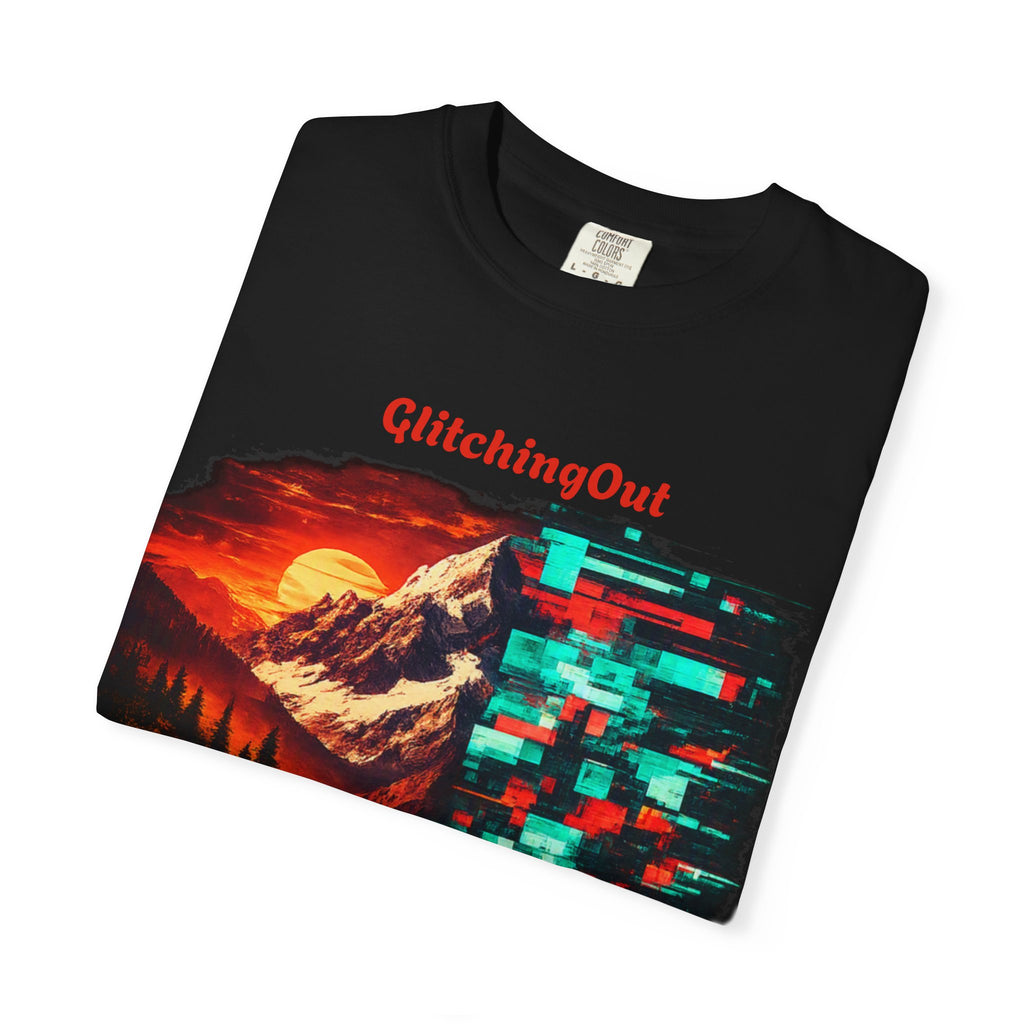 Graphic T-Shirt — "Glitching Out" Mountain Sunset Pixel Art