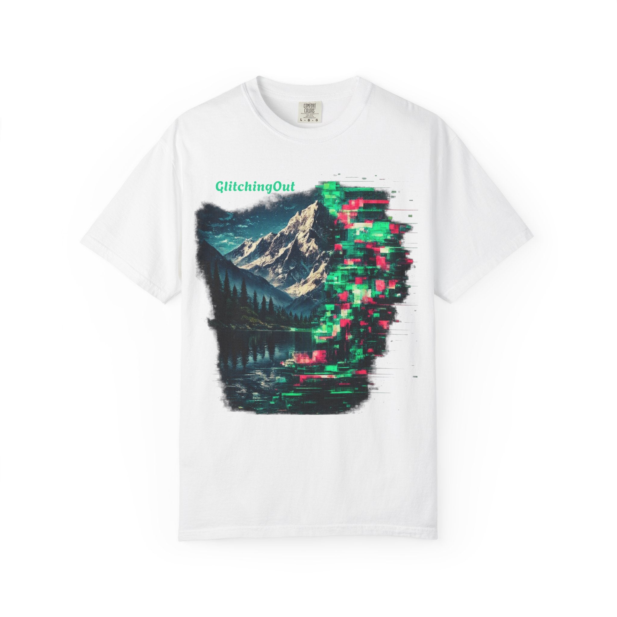 GlitchingOut Mountain Landscape T-Shirt — Retro Glitch Nature Graphic Tee