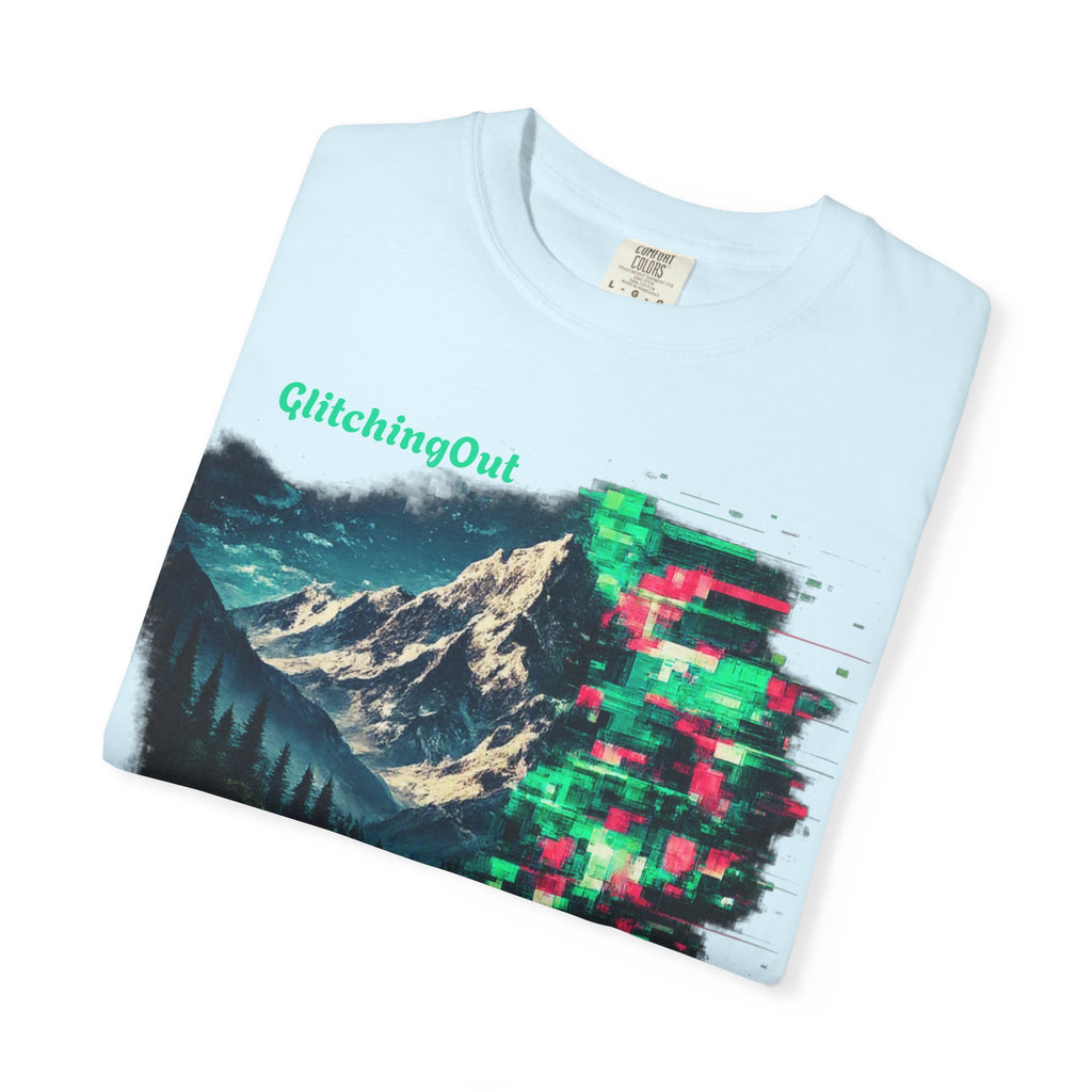 GlitchingOut Mountain Landscape T-Shirt — Retro Glitch Nature Graphic Tee