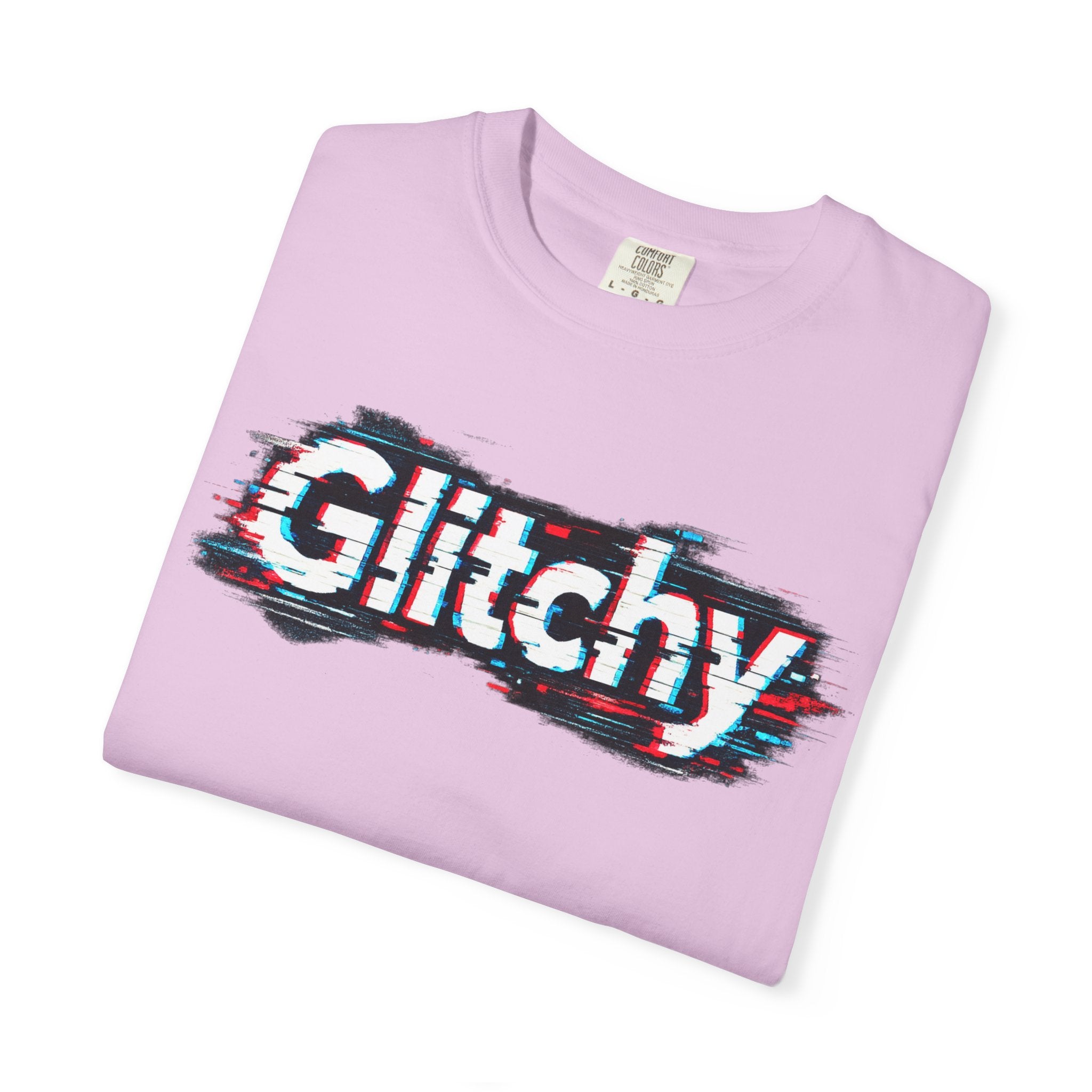 Glitchy Graphic T-Shirt — Retro Glitch Text Tee (Front "GO", Back "Glitchy")