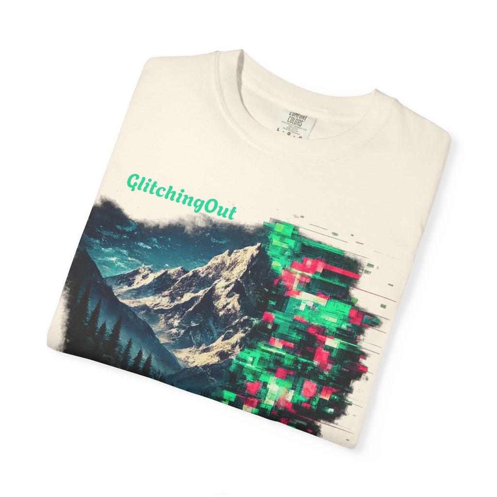 GlitchingOut Mountain Landscape T-Shirt — Retro Glitch Nature Graphic Tee