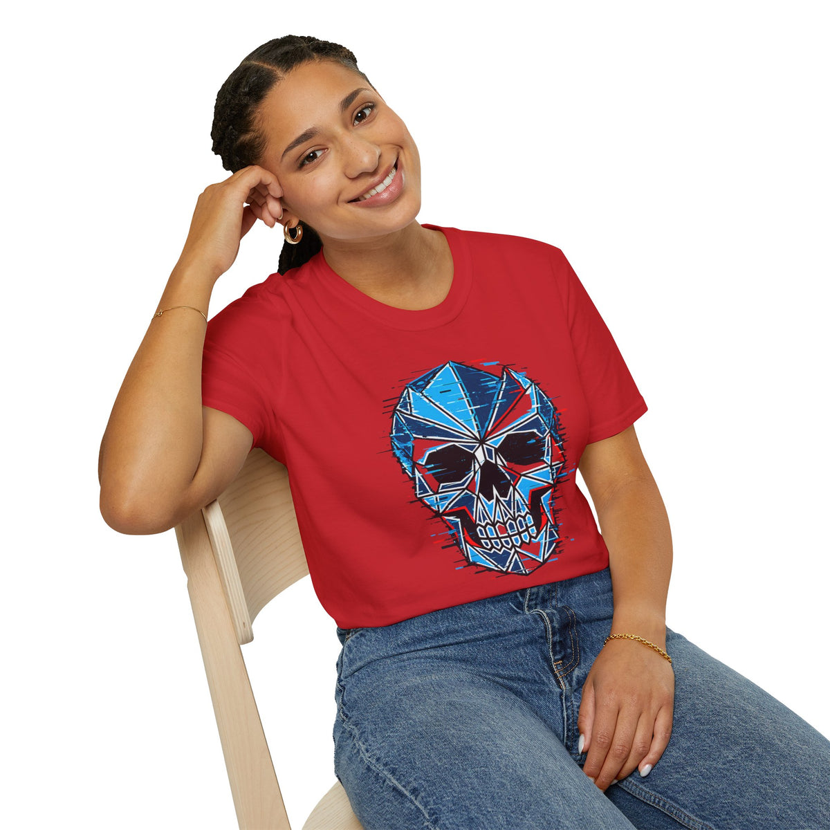 Geometric Blue Glitch Skull T‑Shirt — Edgy Men's & Women's Graphic Tee