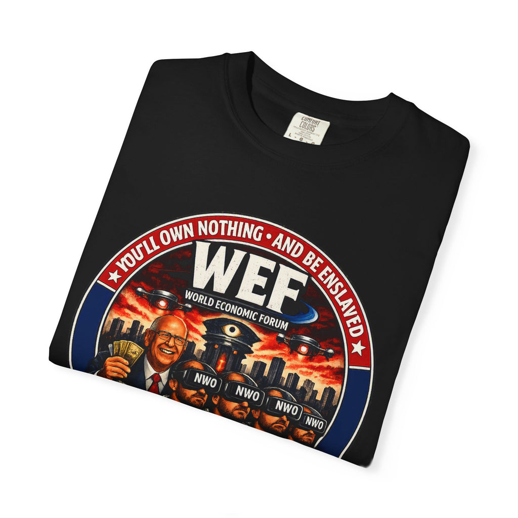 T-Shirt — WEF Dystopian Retro Logo “Rent • Subscribe • Obey”