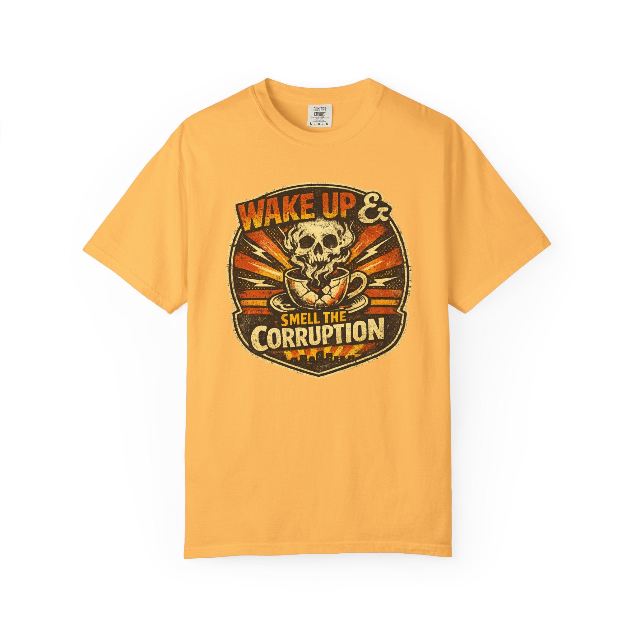 Wake Up & Smell the Corruption T-Shirt — Vintage Skull Protest Graphic Tee