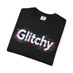 Glitchy Graphic T-Shirt — Retro Glitch Text Tee (Front "GO", Back "Glitchy")