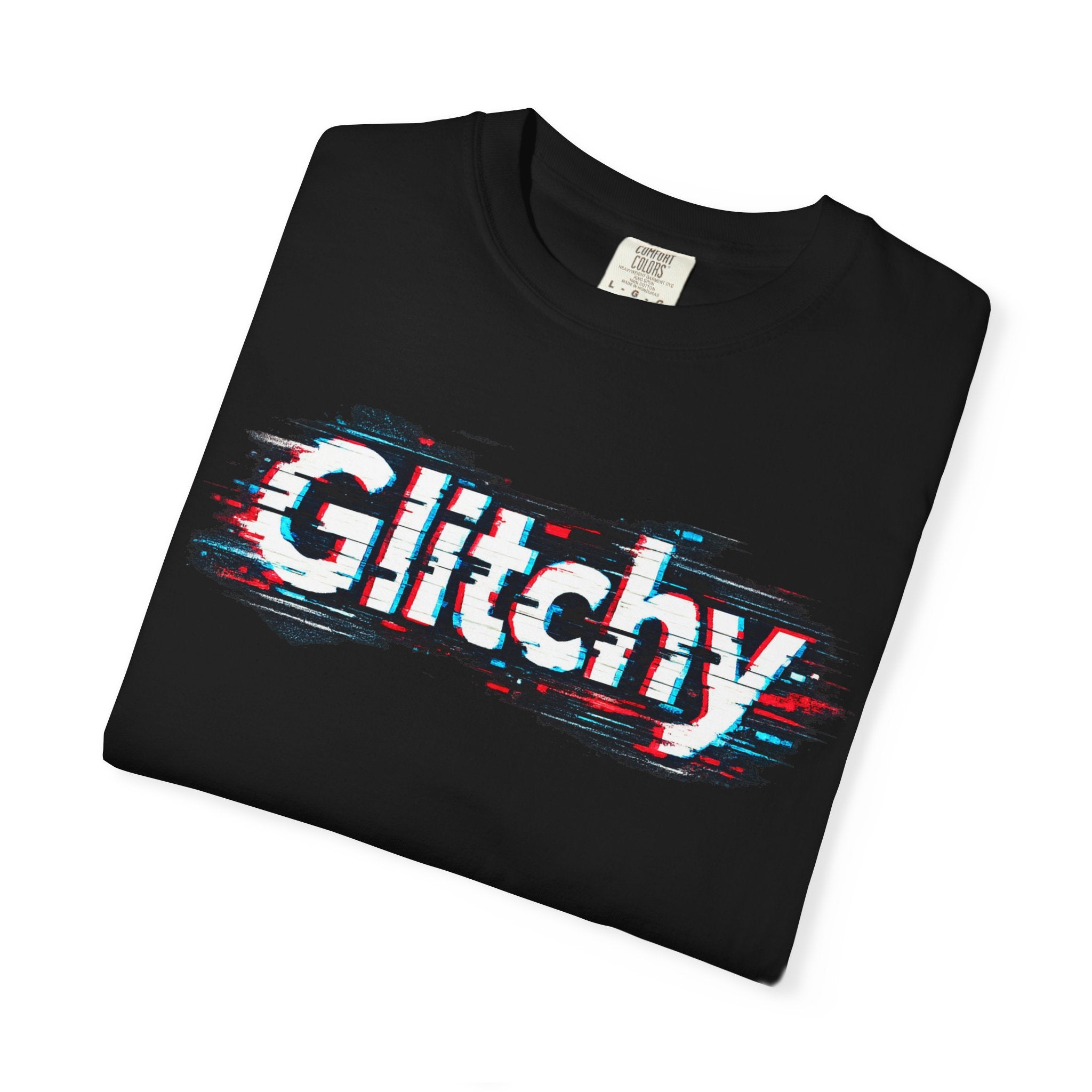 Glitchy Graphic T-Shirt — Retro Glitch Text Tee (Front "GO", Back "Glitchy")