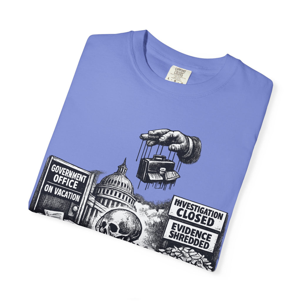 Graphic Tee — "Waiting for the Government to End Corruption" Political Skeletal Design