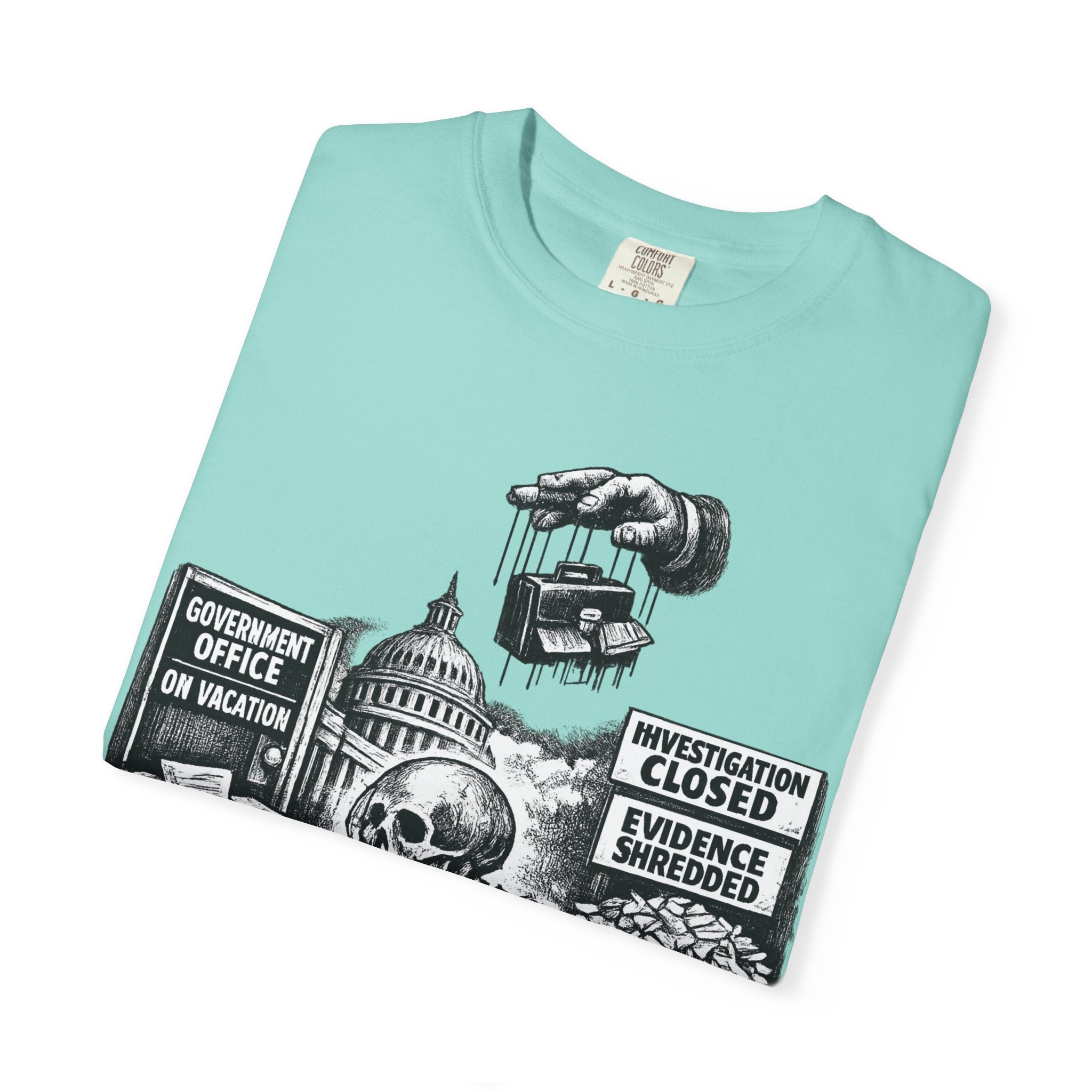 Graphic Tee — "Waiting for the Government to End Corruption" Political Skeletal Design