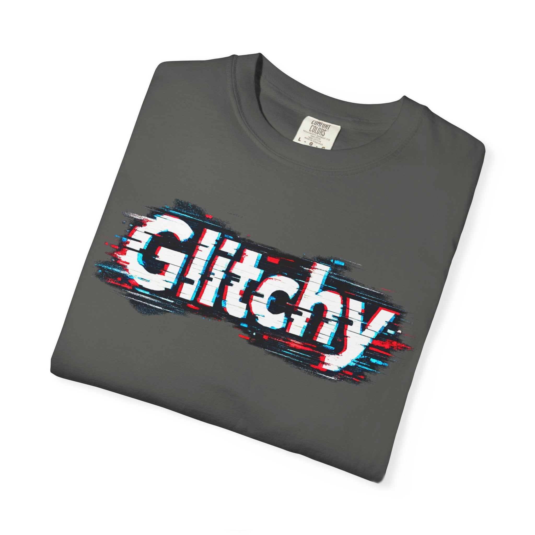 Glitchy Graphic T-Shirt — Retro Glitch Text Tee (Front "GO", Back "Glitchy")