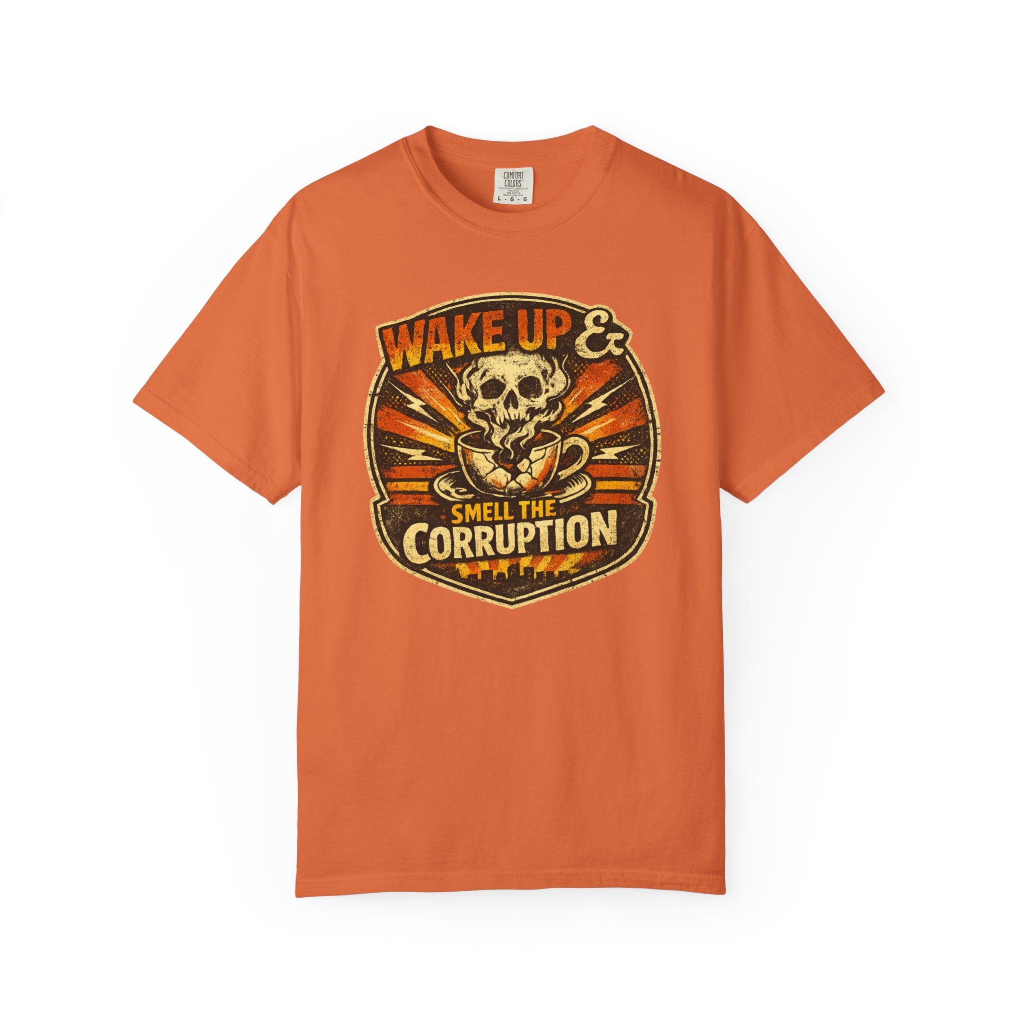 Wake Up & Smell the Corruption T-Shirt — Vintage Skull Protest Graphic Tee