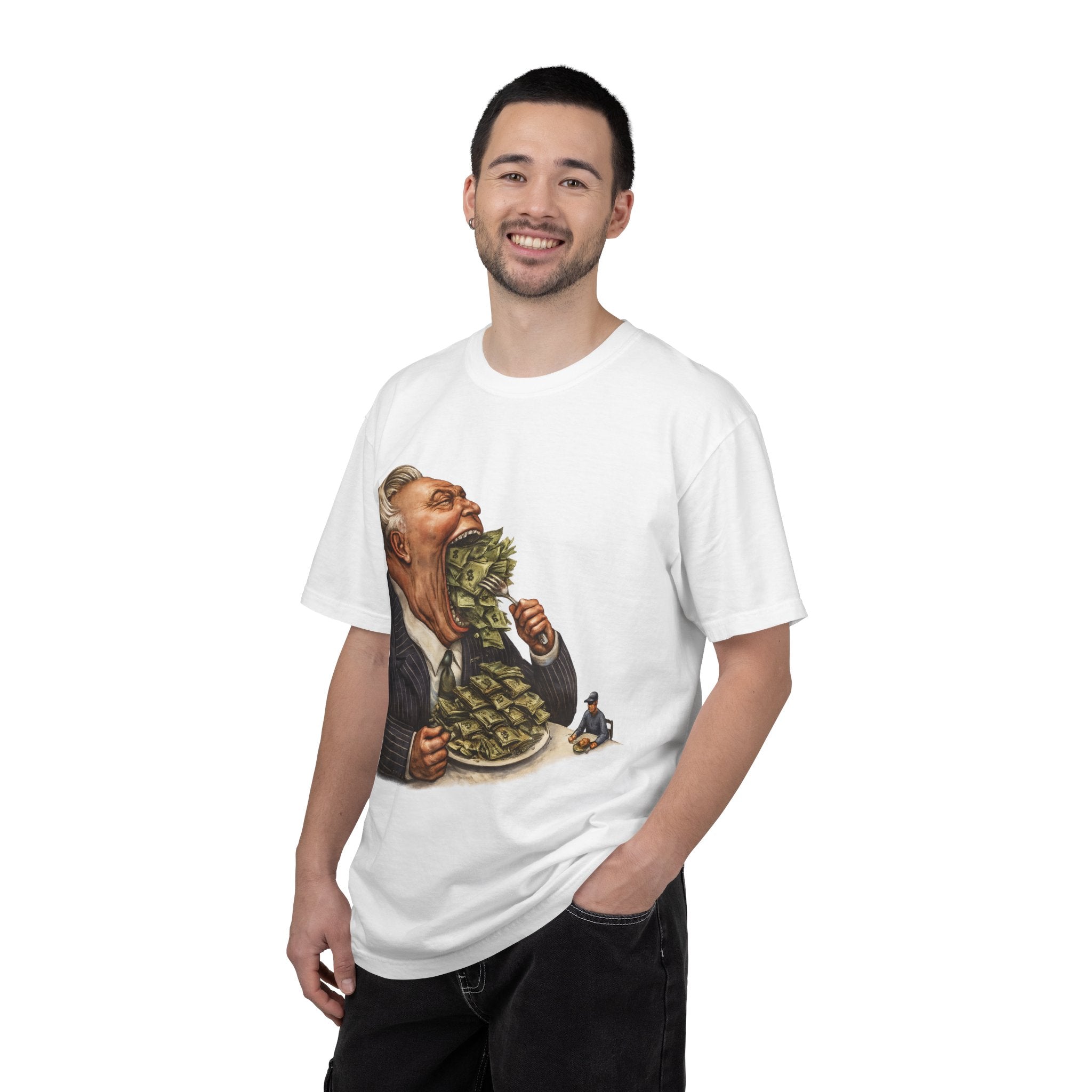 Money Greed Cartoon T-Shirt — Satirical Businessman Eating Cash Tee