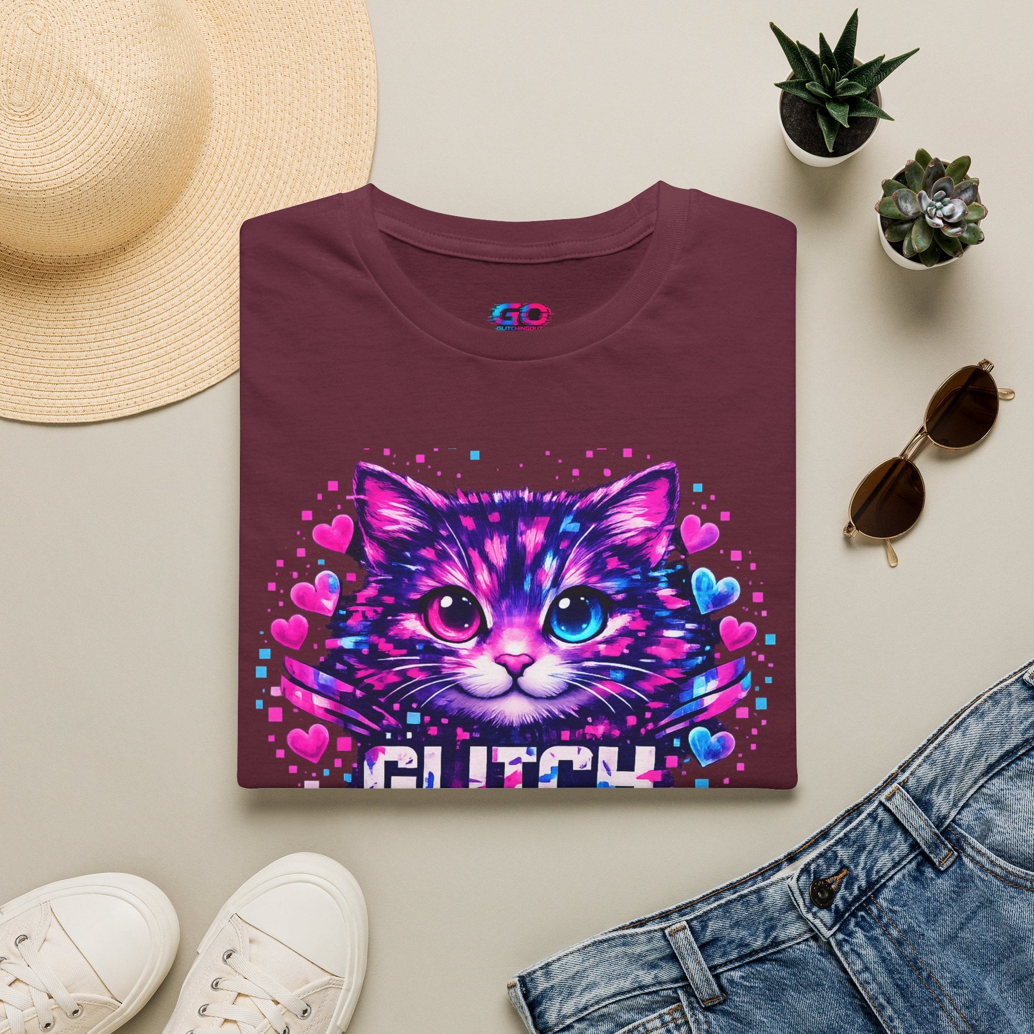 Glitch Cat T-Shirt — Retro Neon Kitty “Glitch the System” Graphic Tee