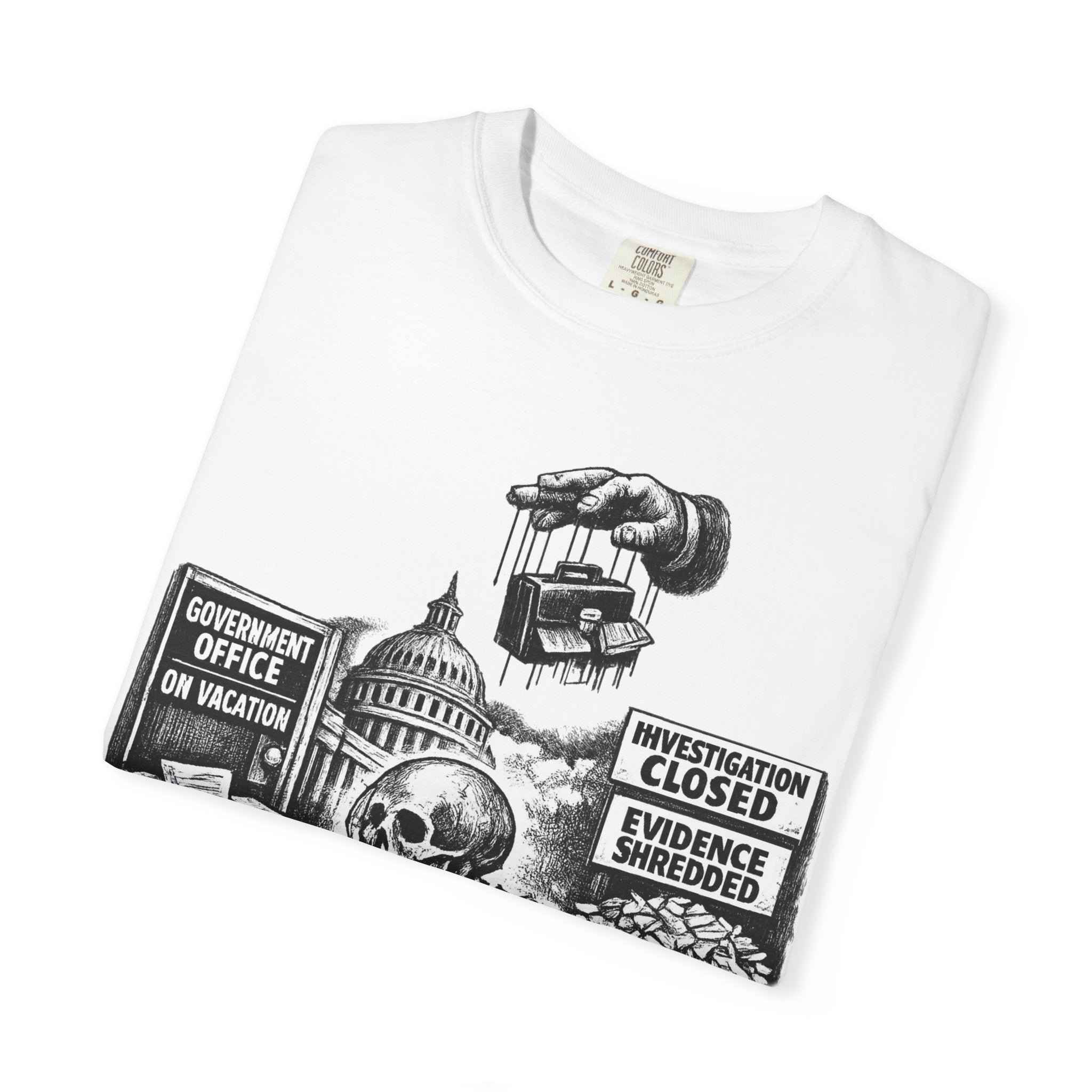 Graphic Tee — "Waiting for the Government to End Corruption" Political Skeletal Design