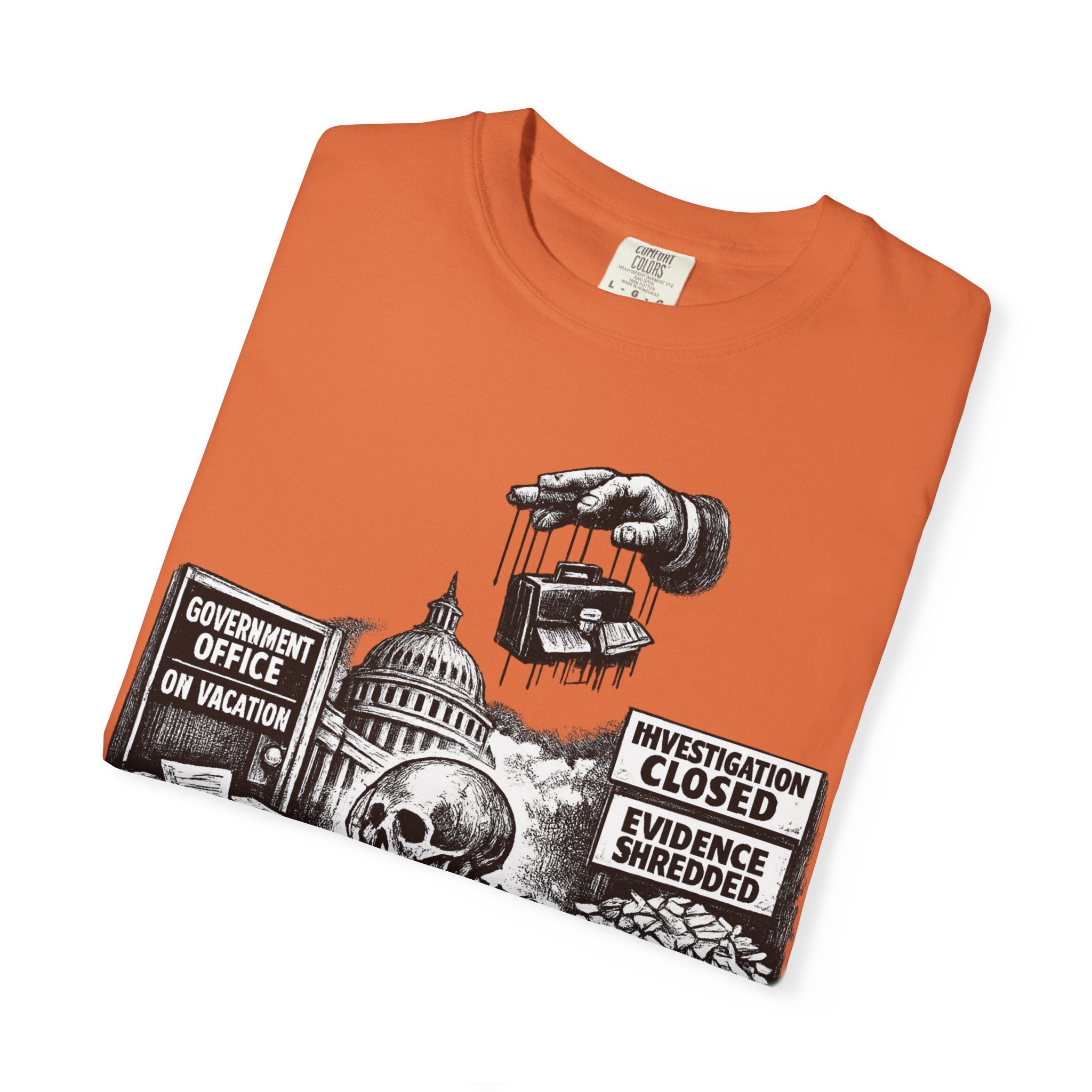 Graphic Tee — "Waiting for the Government to End Corruption" Political Skeletal Design