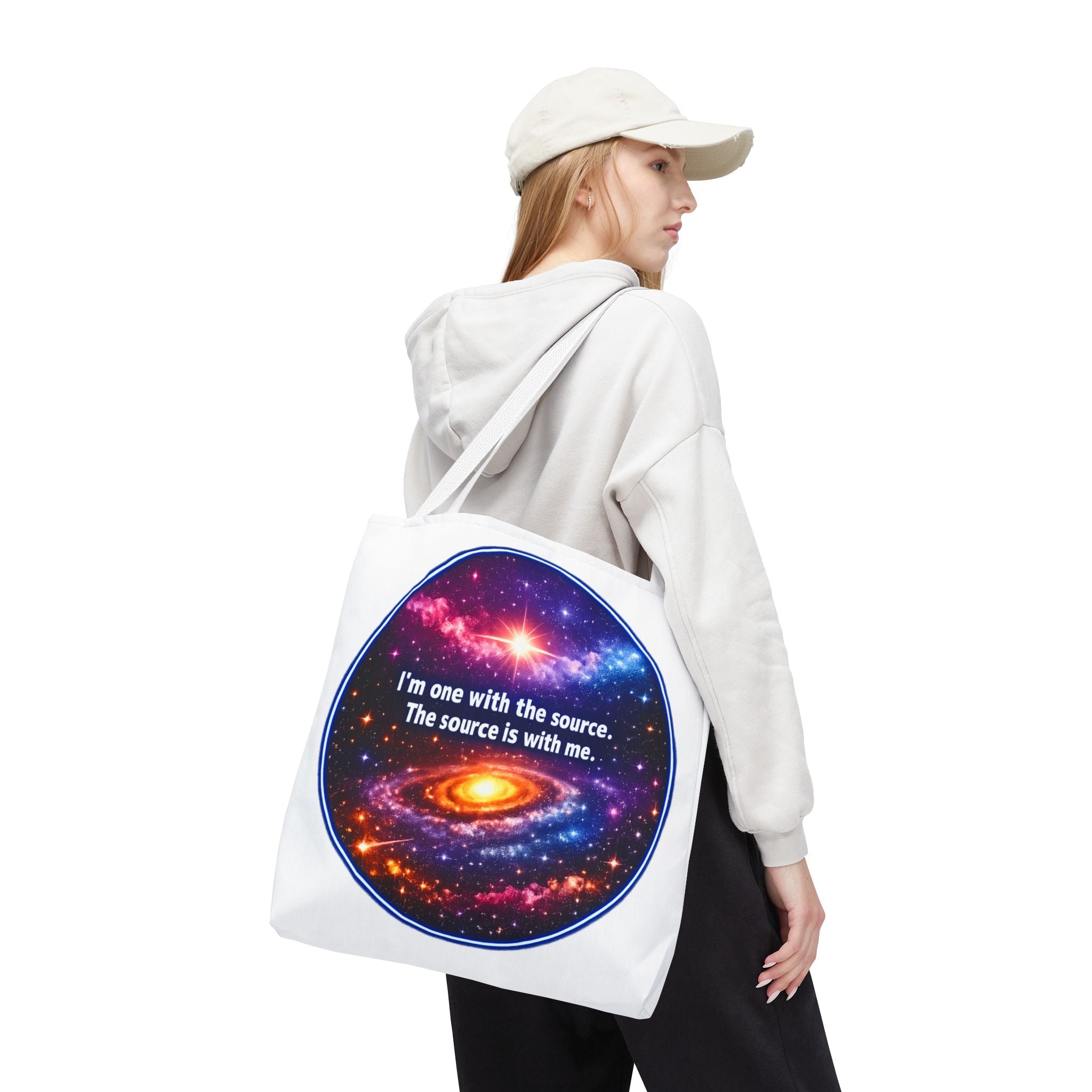 Spiritual Galaxy Tote Bag - "I'm one with the source. The source is with me." Cosmic Meditation Tote