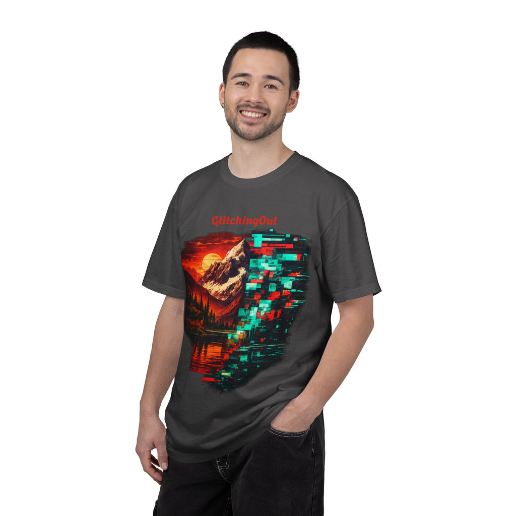 Graphic T-Shirt — "Glitching Out" Mountain Sunset Pixel Art