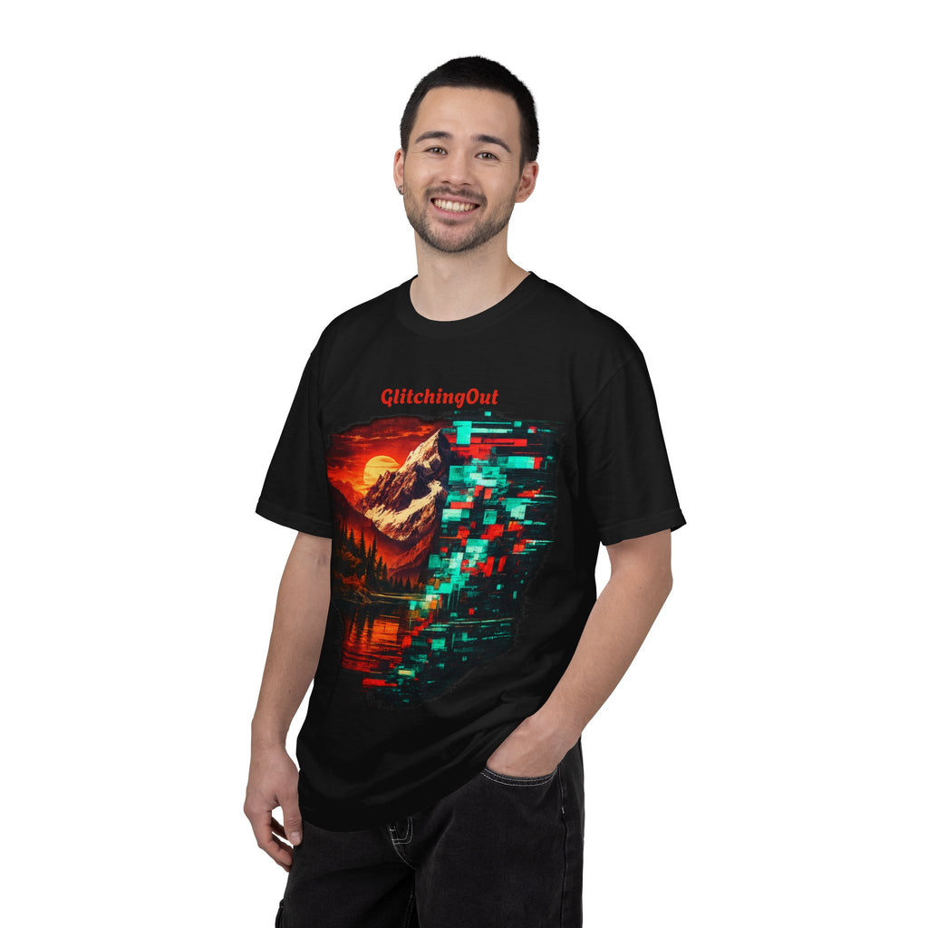 Graphic T-Shirt — "Glitching Out" Mountain Sunset Pixel Art