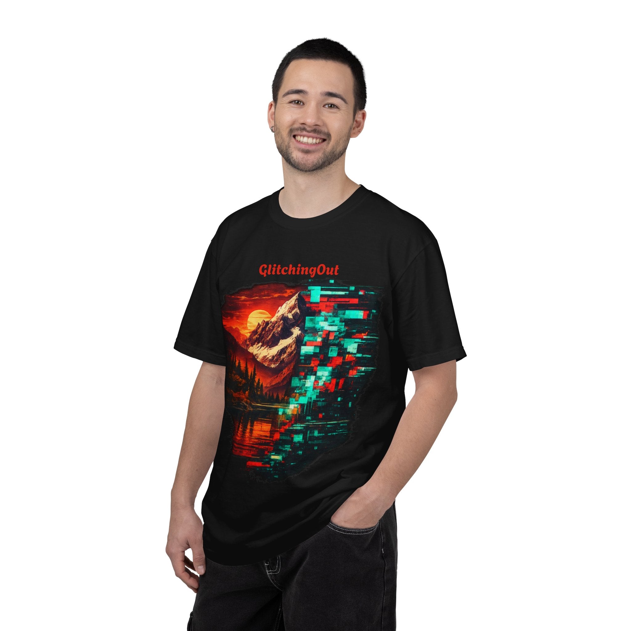 Graphic T-Shirt — "Glitching Out" Mountain Sunset Pixel Art