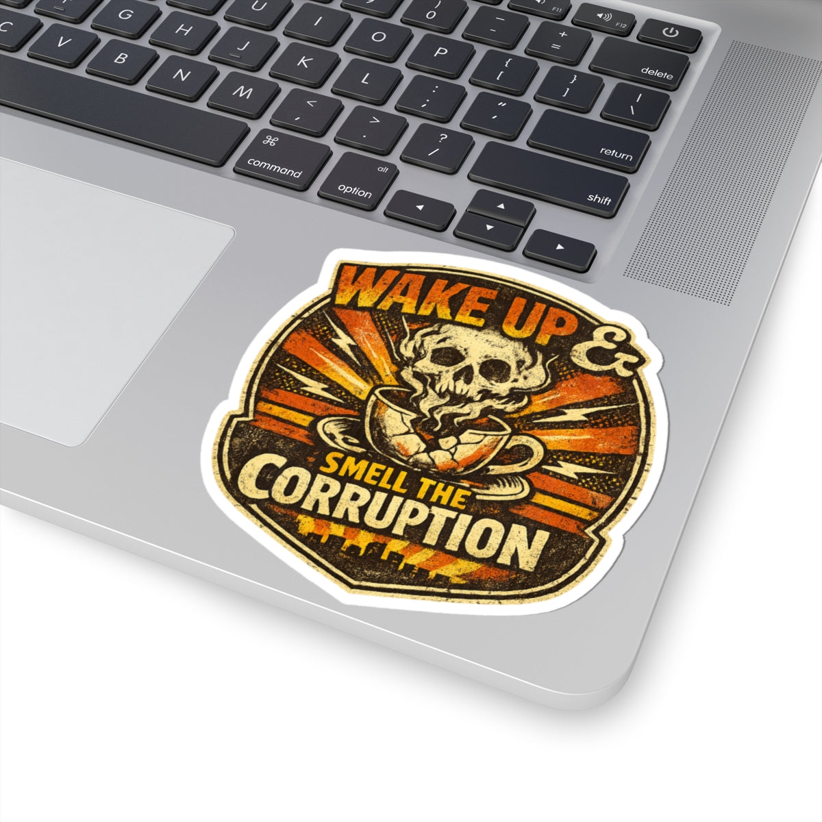 Wake Up & Smell the Corruption Kiss-Cut Sticker — Skull Coffee Retro Vinyl Decal