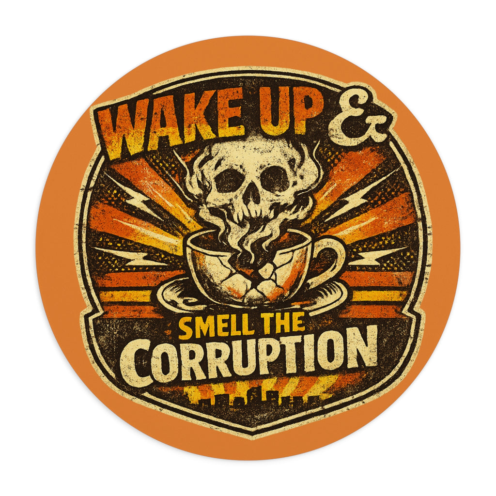Wake Up & Smell the Corruption Round Mouse Pad — Retro Skull Coffee Desk Mat