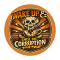 Wake Up & Smell the Corruption Round Mouse Pad — Retro Skull Coffee Desk Mat