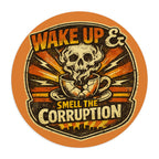 Wake Up & Smell the Corruption Round Mouse Pad — Retro Skull Coffee Desk Mat