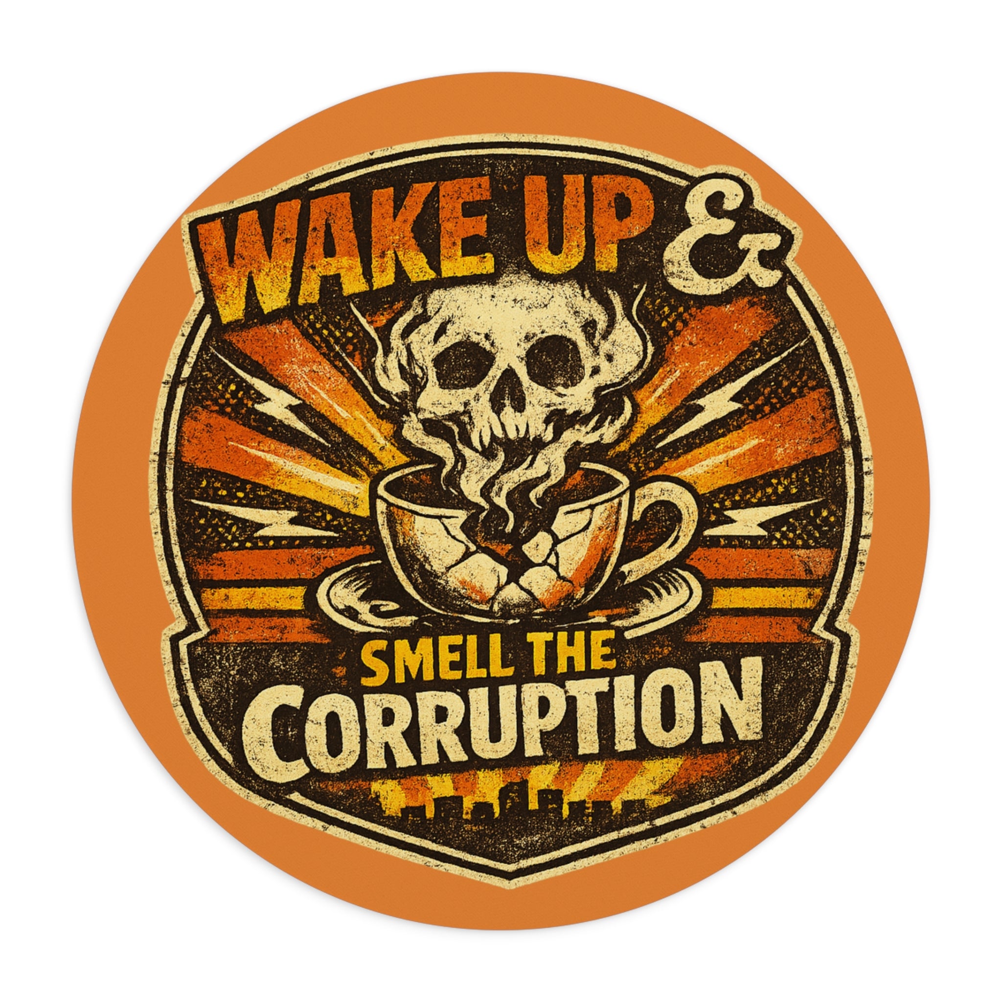 Wake Up & Smell the Corruption Round Mouse Pad — Retro Skull Coffee Desk Mat