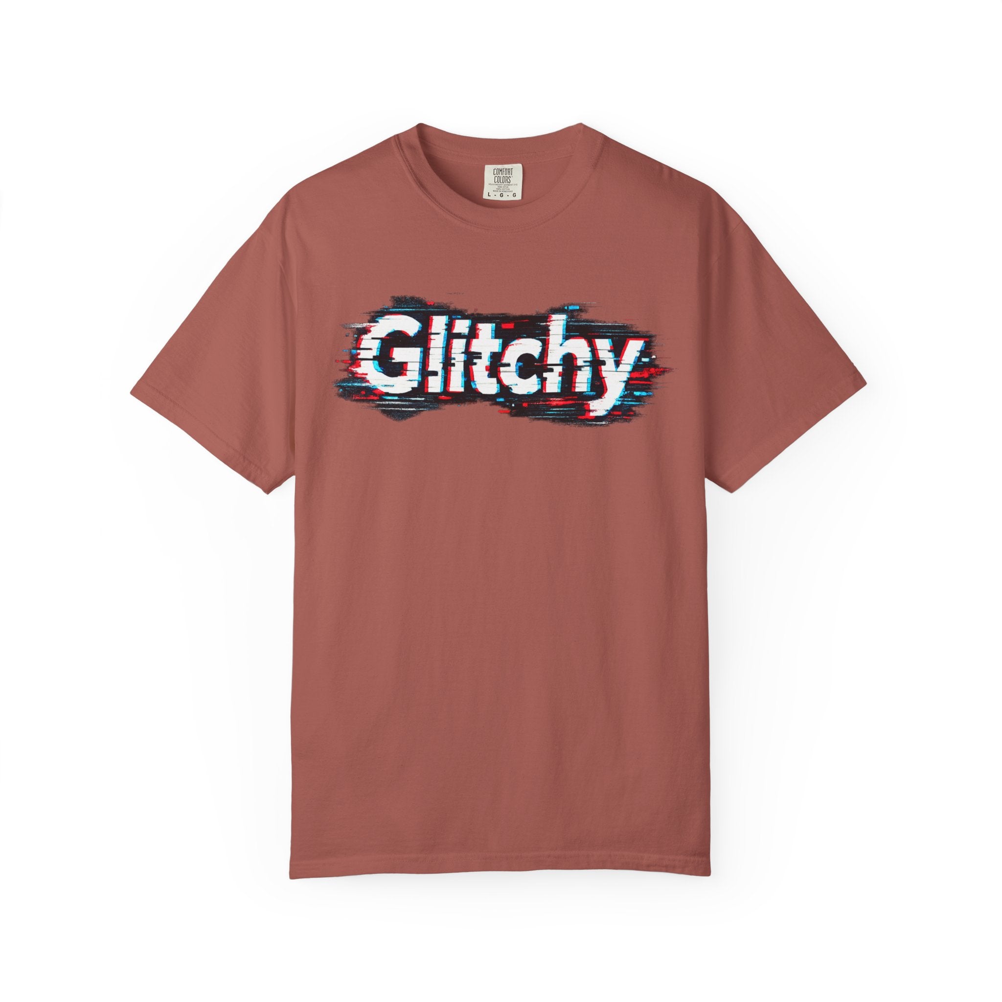 Glitchy Graphic T-Shirt — Retro Glitch Text Tee (Front "GO", Back "Glitchy")