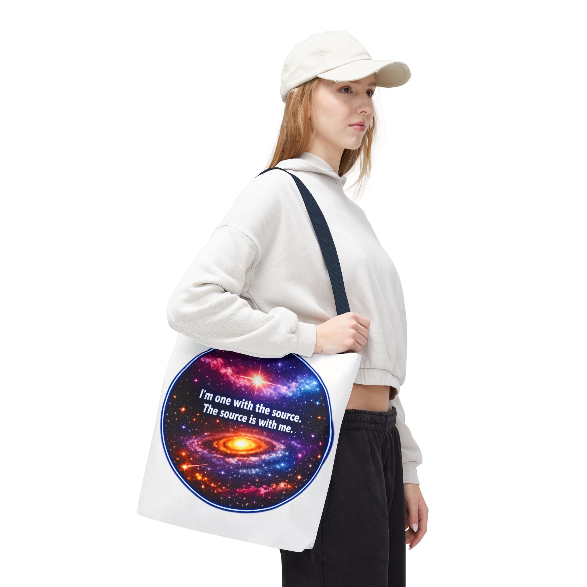 Spiritual Galaxy Tote Bag - "I'm one with the source. The source is with me." Cosmic Meditation Tote