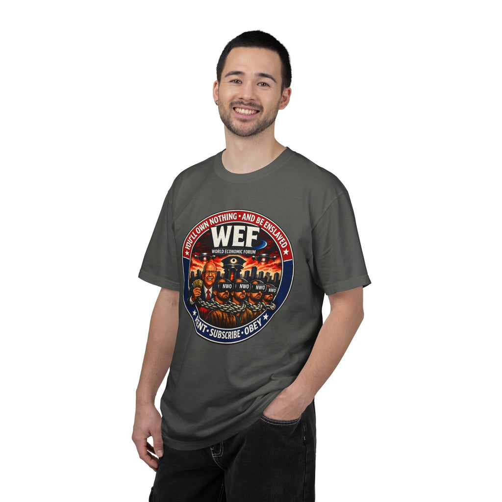 T-Shirt — WEF Dystopian Retro Logo “Rent • Subscribe • Obey”