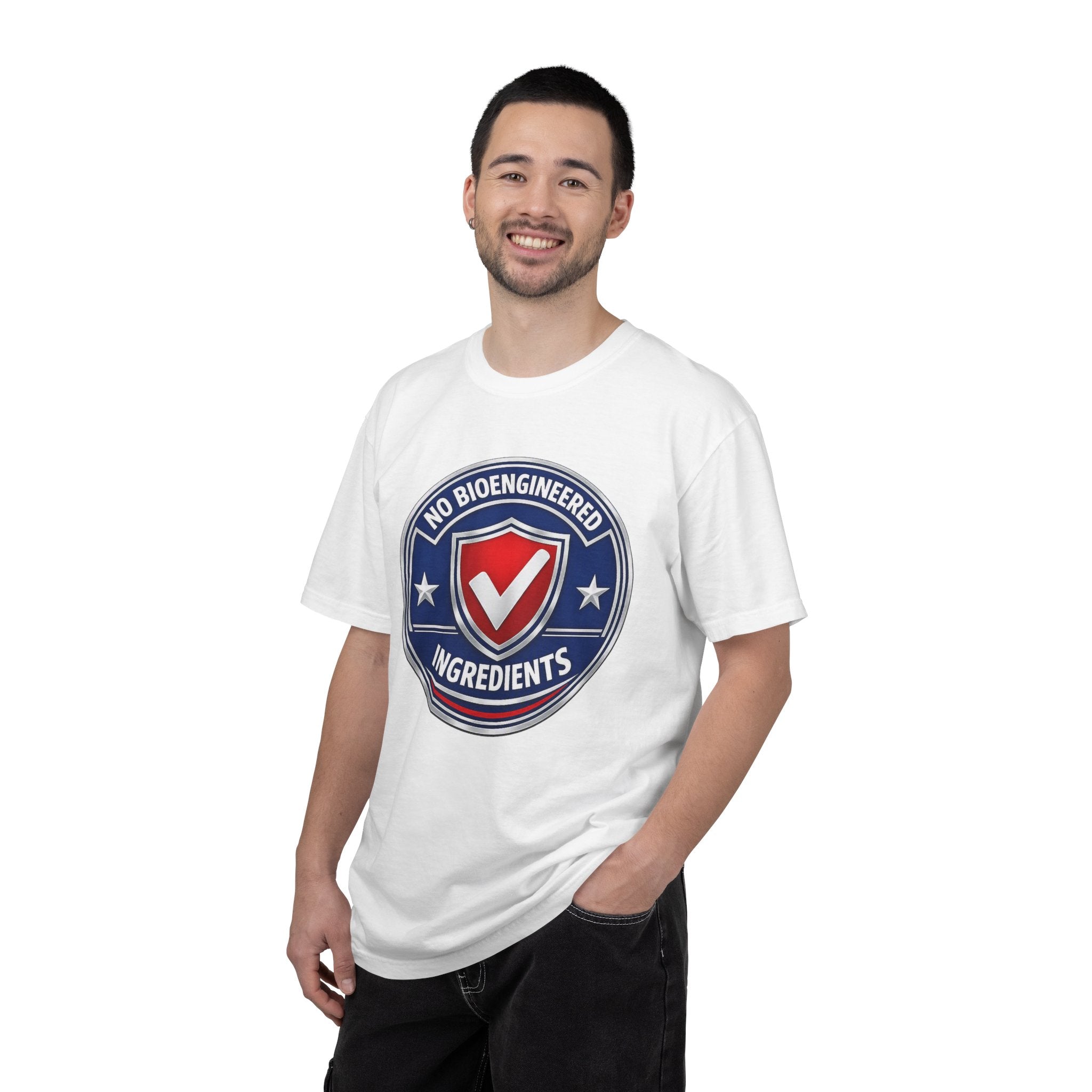 No Bioengineered Ingredients T-Shirt — Retro Shield Organic Food Badge Tee