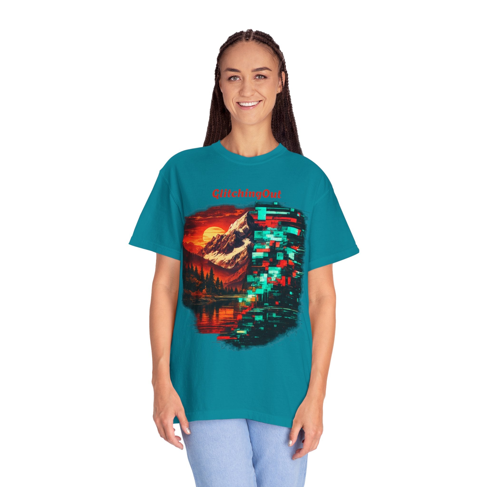 Graphic T-Shirt — "Glitching Out" Mountain Sunset Pixel Art