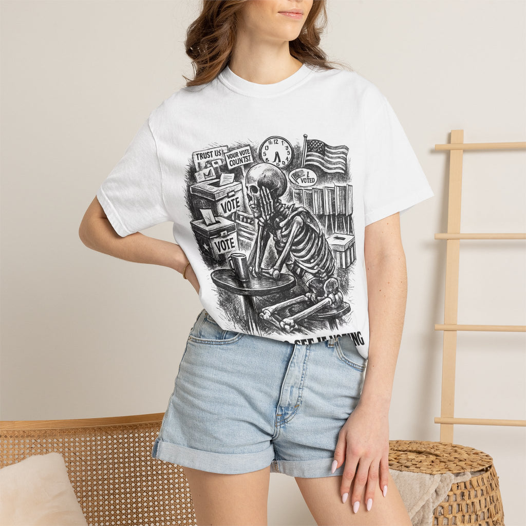 Voting Skeptic Graphic T-Shirt — "Waiting to See If Voting Changes Anything."