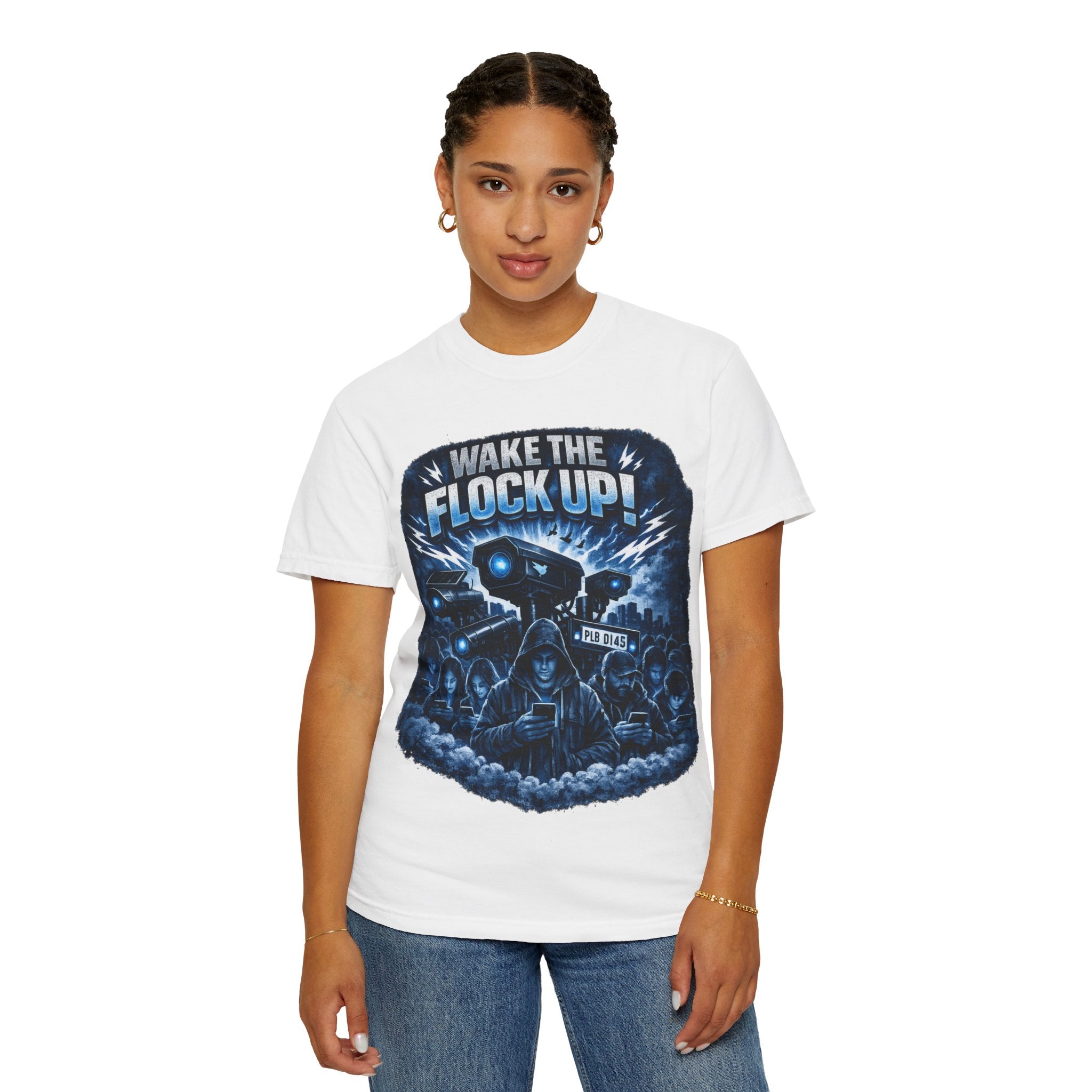 T-Shirt — "Wake the Flock Up" V2 Protest Graphic Tee (Bold Blue Dystopian Design)