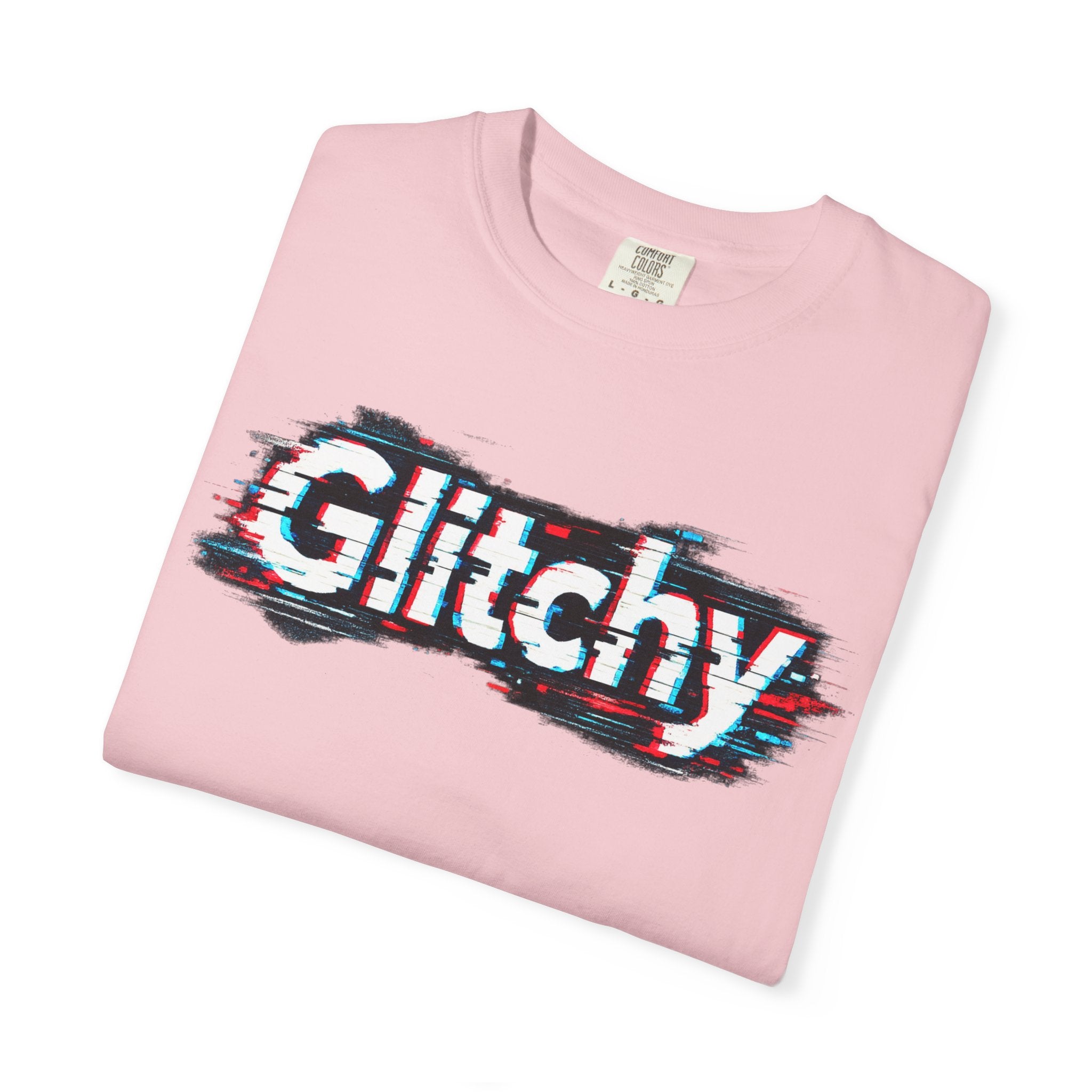 Glitchy Graphic T-Shirt — Retro Glitch Text Tee (Front "GO", Back "Glitchy")